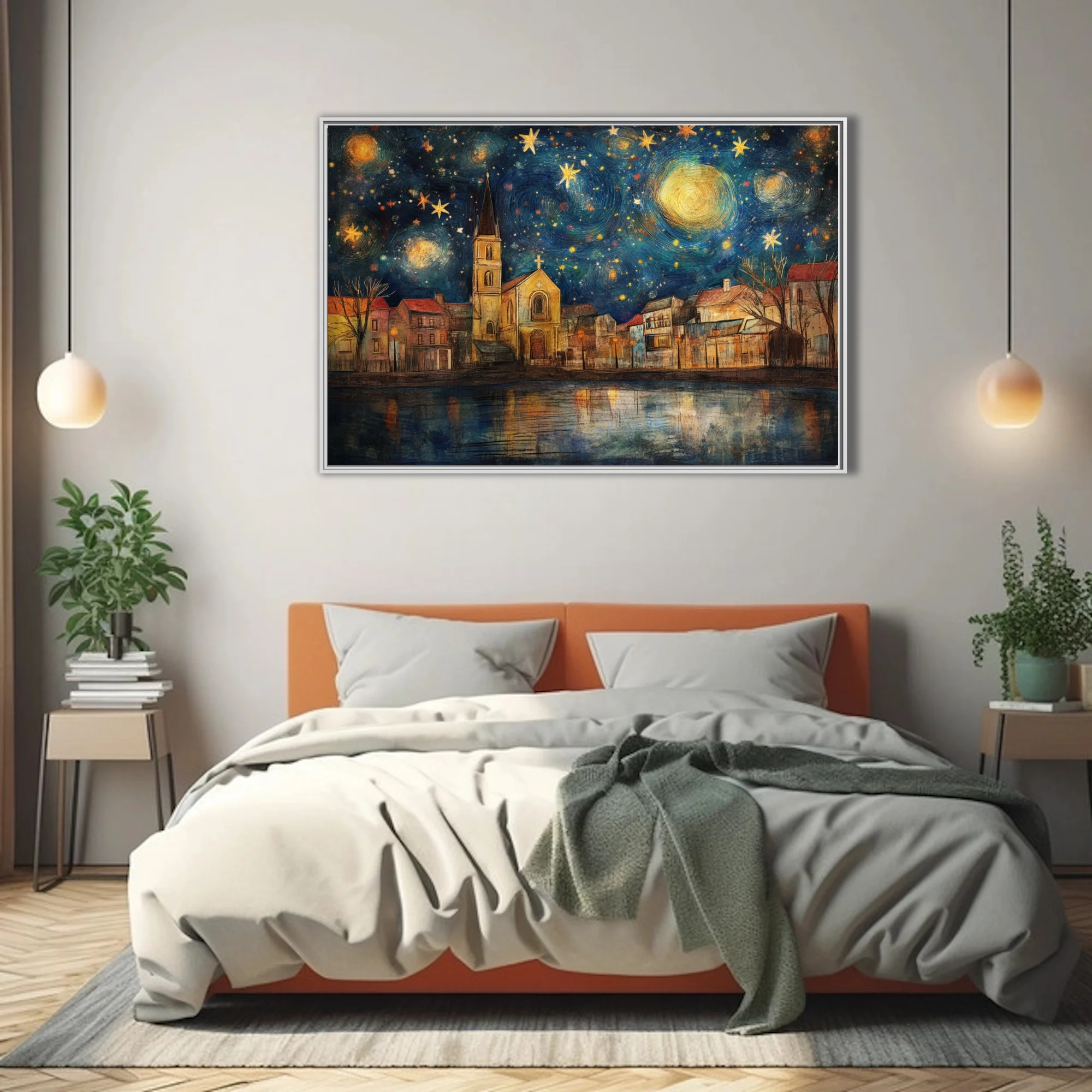 Expressive painterly starry night village with church spire, cobalt sky and golden stars