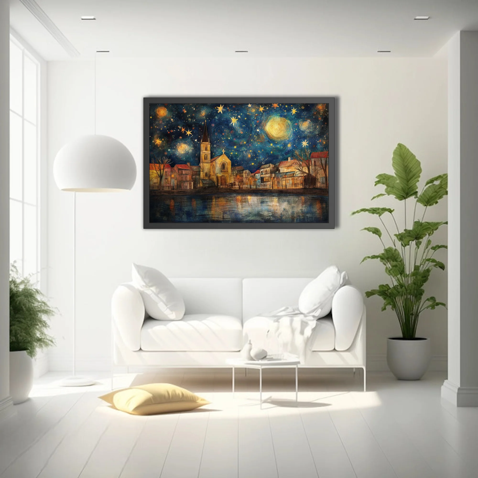 Expressive painterly starry night village with church spire, cobalt sky and golden stars