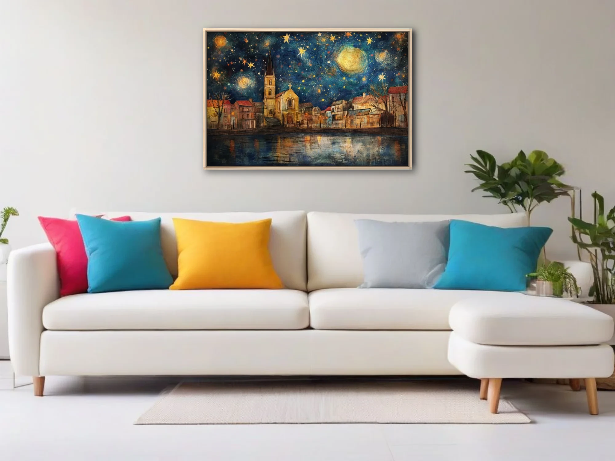Expressive painterly starry night village with church spire, cobalt sky and golden stars