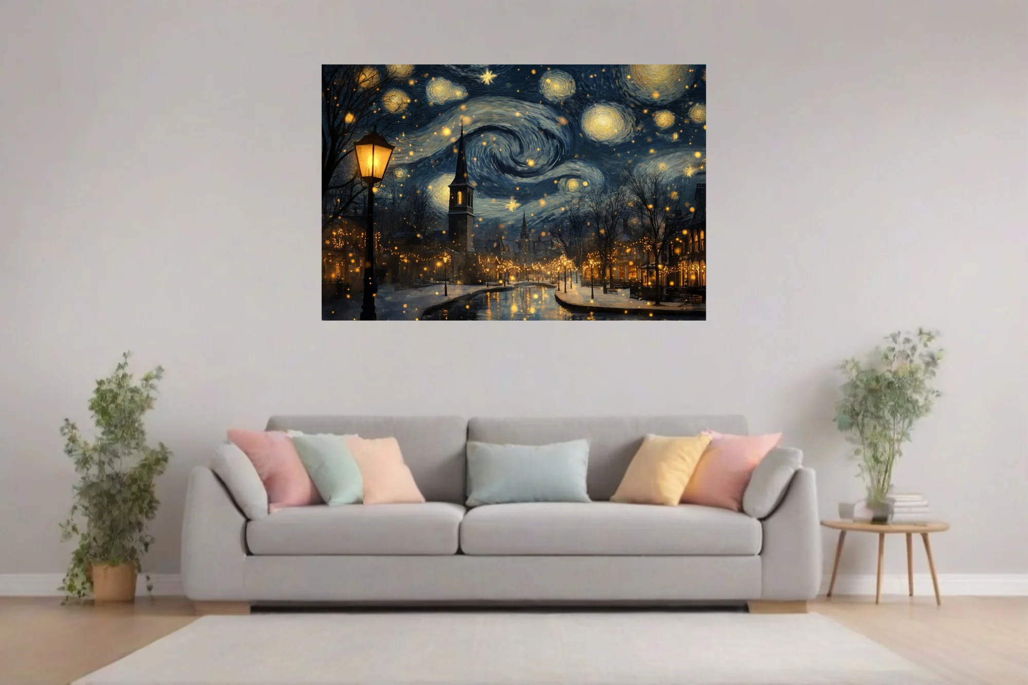 Expressive painterly starry winter village scene with swirling night sky, church steeple, and golden holiday lights