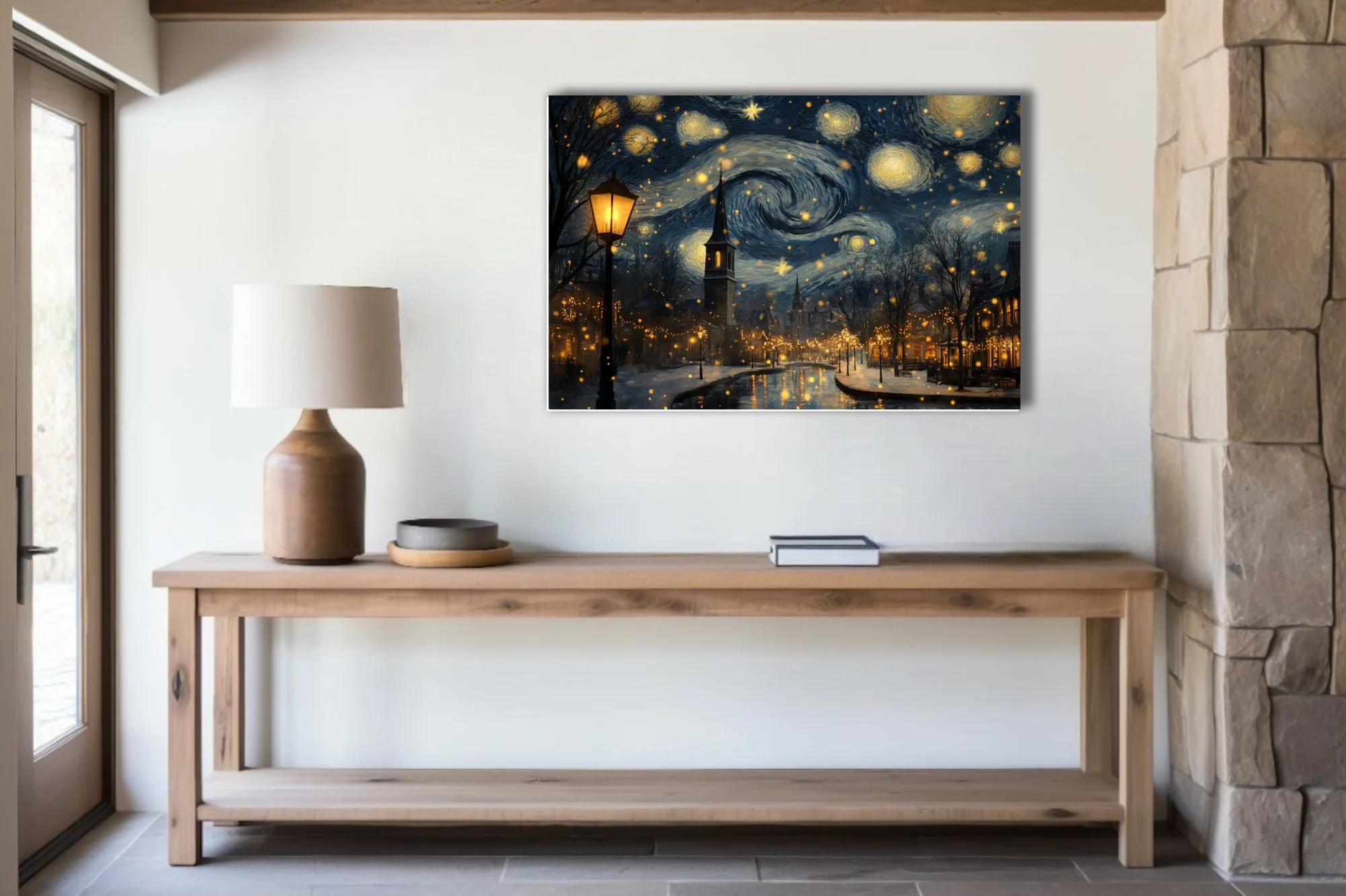 Expressive painterly starry winter village scene with swirling night sky, church steeple, and golden holiday lights