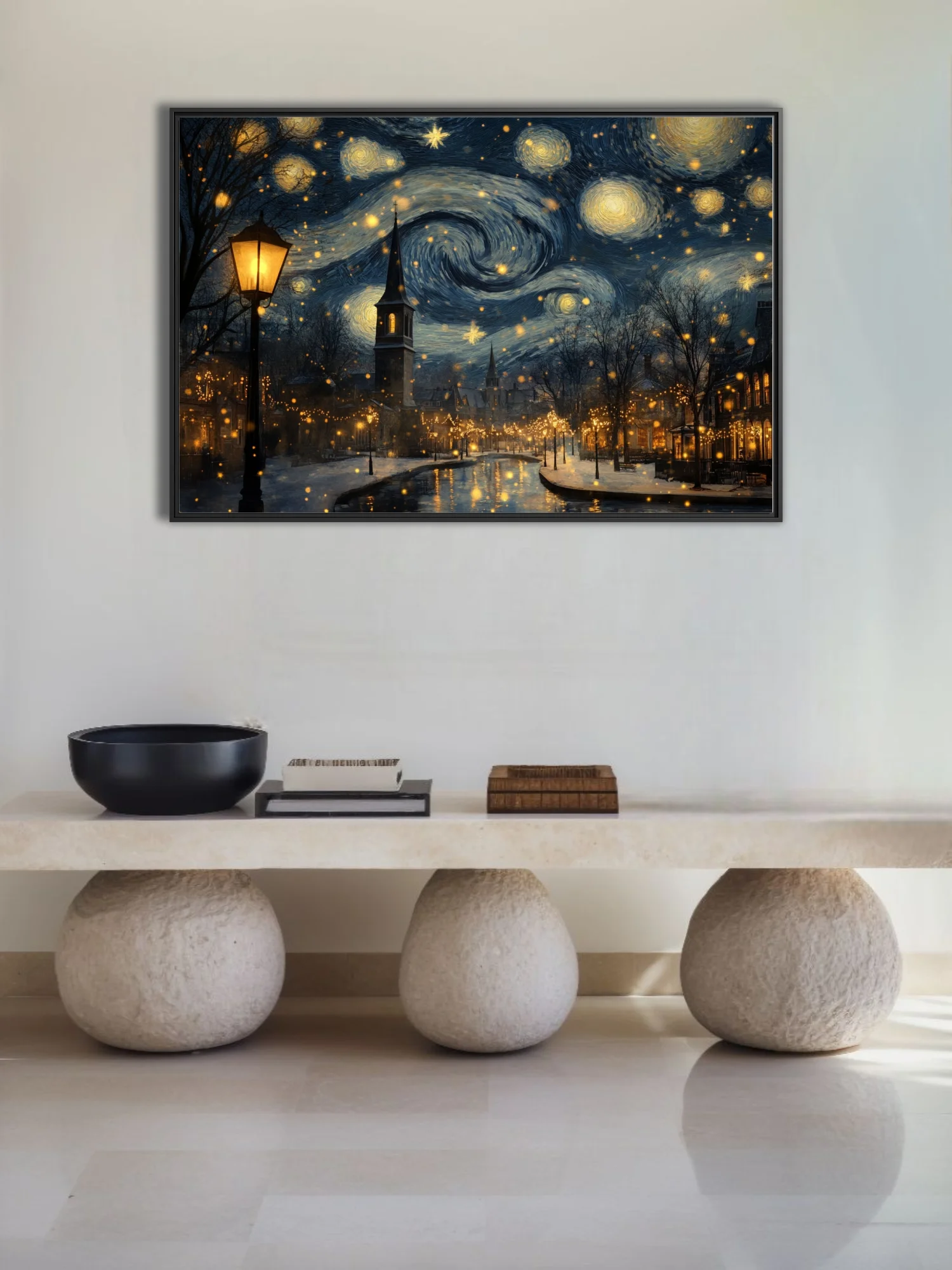 Expressive painterly starry winter village scene with swirling night sky, church steeple, and golden holiday lights