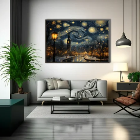 Expressive painterly starry winter village scene with swirling night sky, church steeple, and golden holiday lights