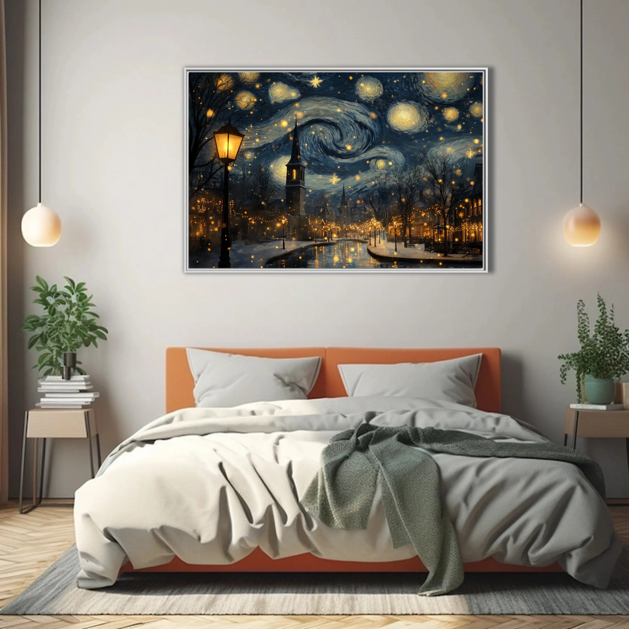 Expressive painterly starry winter village scene with swirling night sky, church steeple, and golden holiday lights