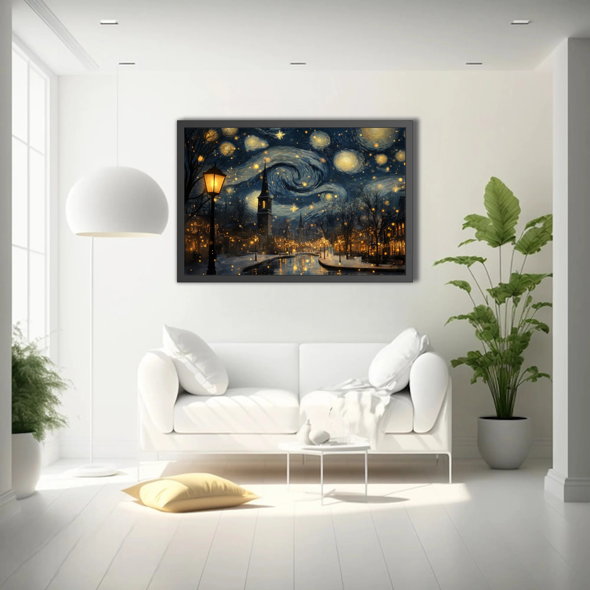 Expressive painterly starry winter village scene with swirling night sky, church steeple, and golden holiday lights