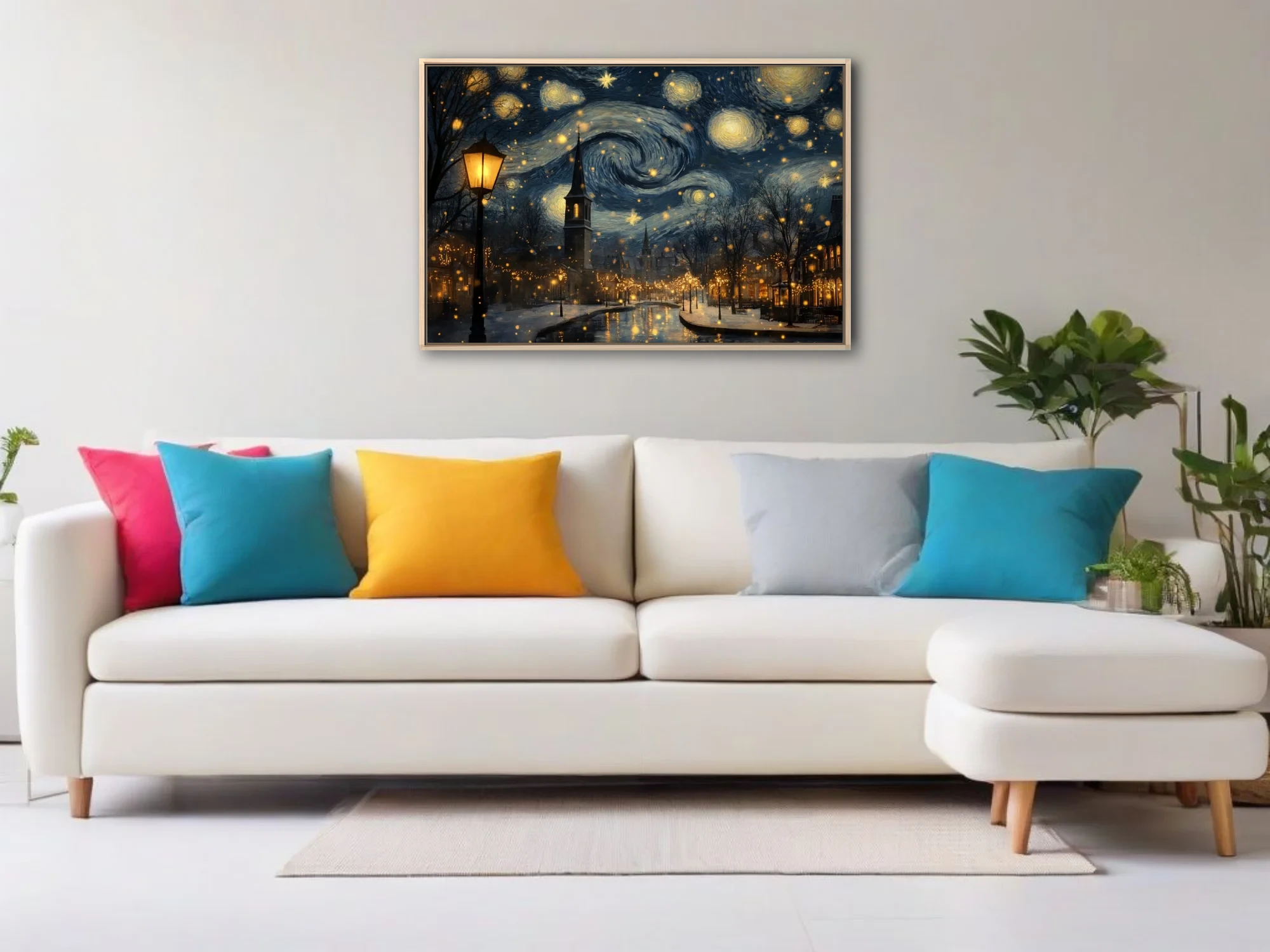 Expressive painterly starry winter village scene with swirling night sky, church steeple, and golden holiday lights