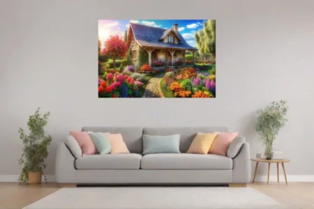 Vibrant cottage garden scene with stone house, colorful blooms, and stone path