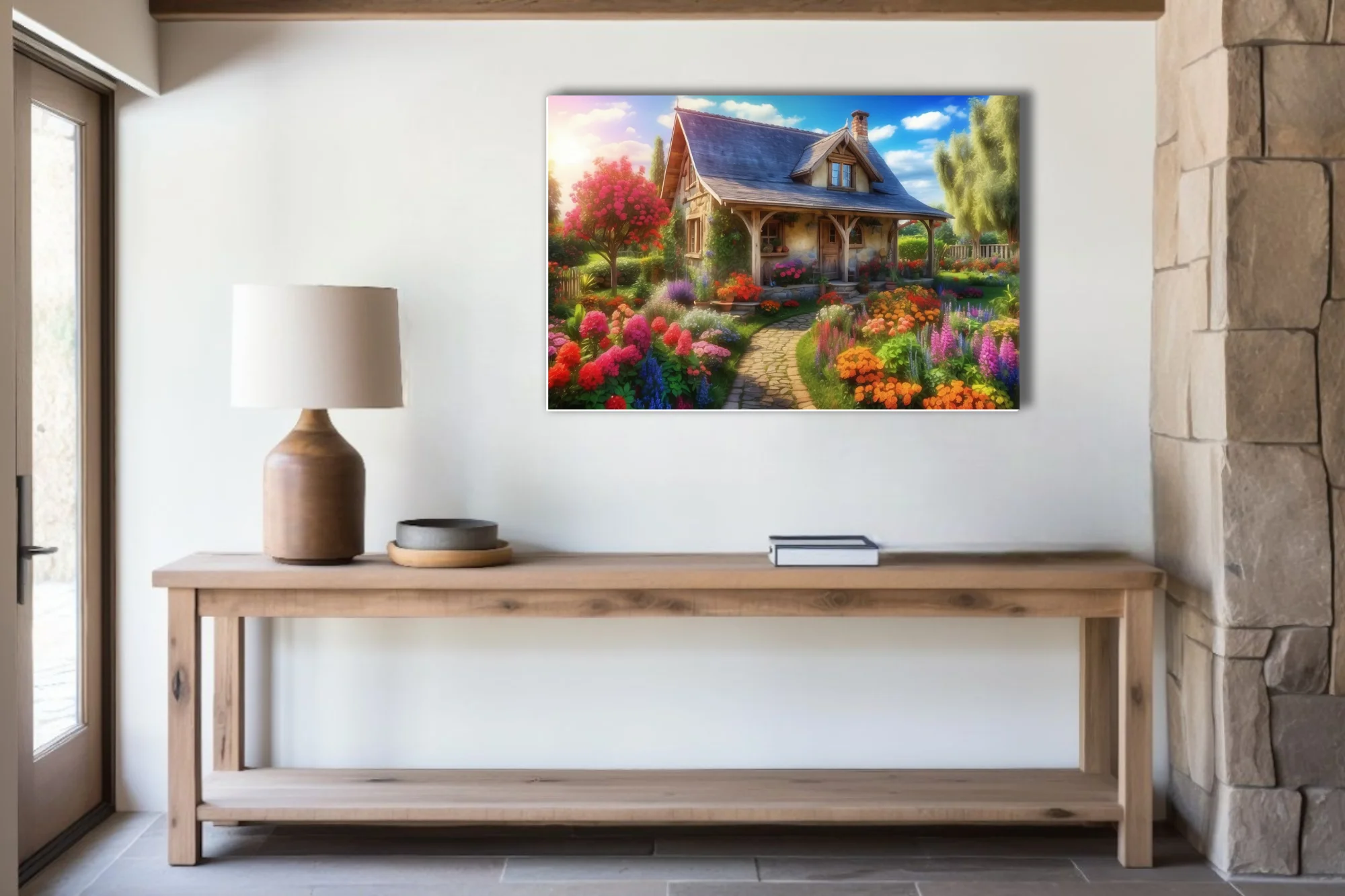Vibrant cottage garden scene with stone house, colorful blooms, and stone path