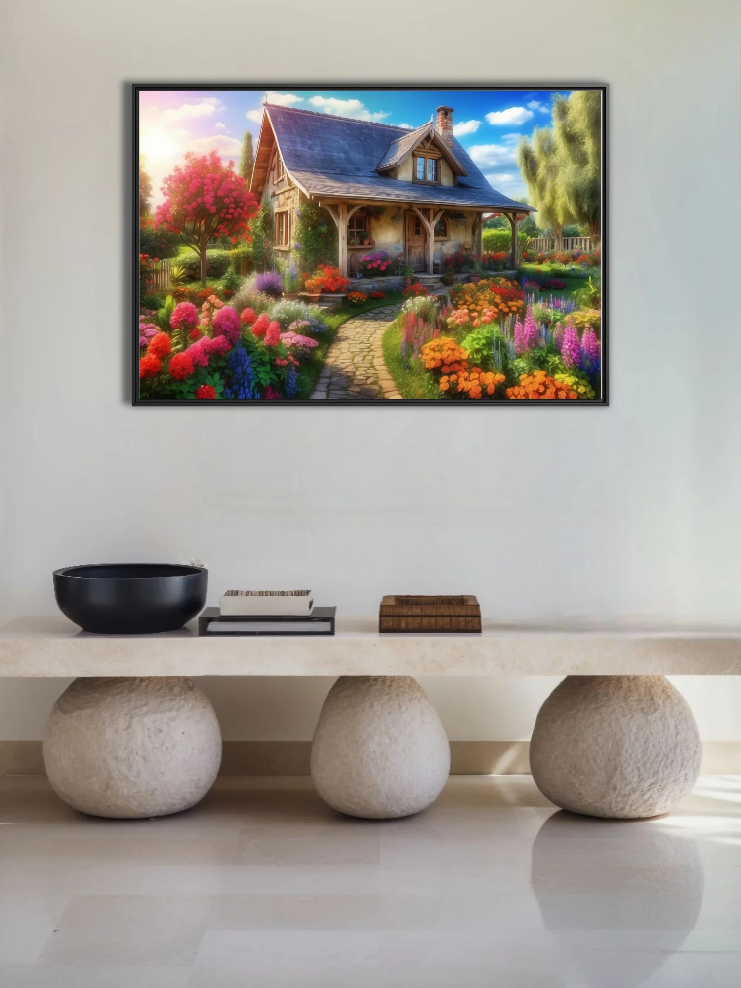Vibrant cottage garden scene with stone house, colorful blooms, and stone path