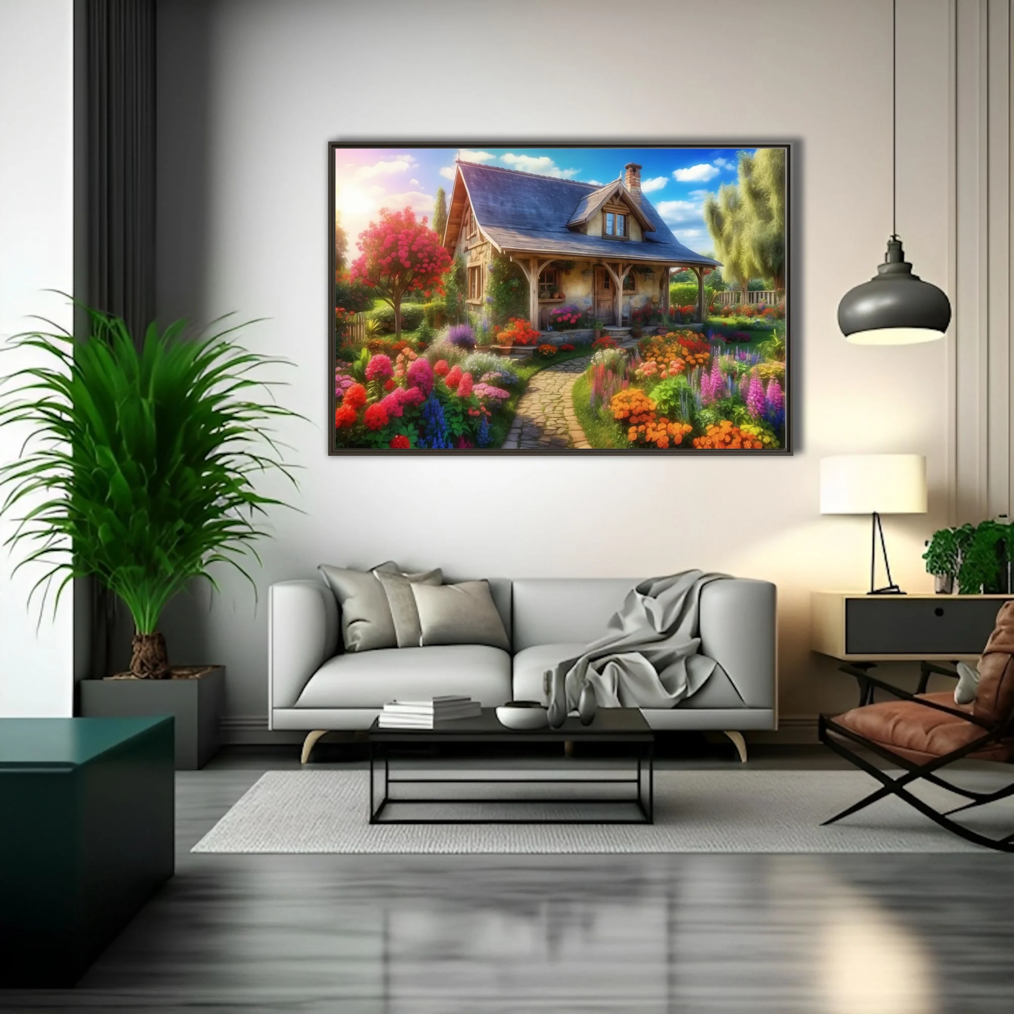 Vibrant cottage garden scene with stone house, colorful blooms, and stone path