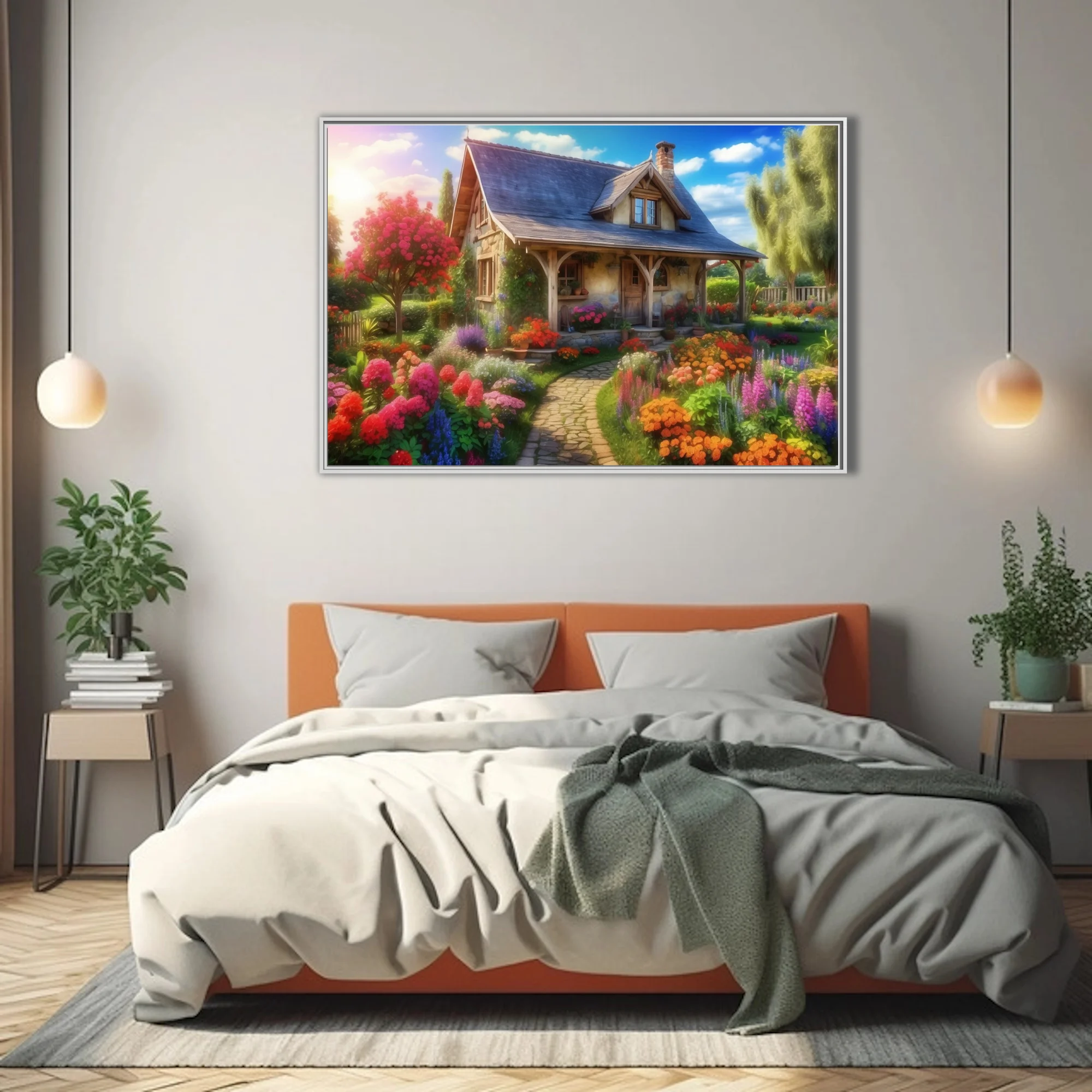 Vibrant cottage garden scene with stone house, colorful blooms, and stone path
