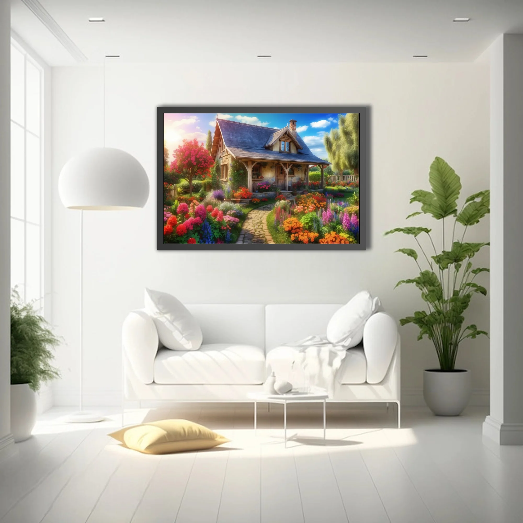 Vibrant cottage garden scene with stone house, colorful blooms, and stone path