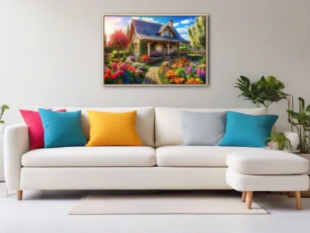 Vibrant cottage garden scene with stone house, colorful blooms, and stone path