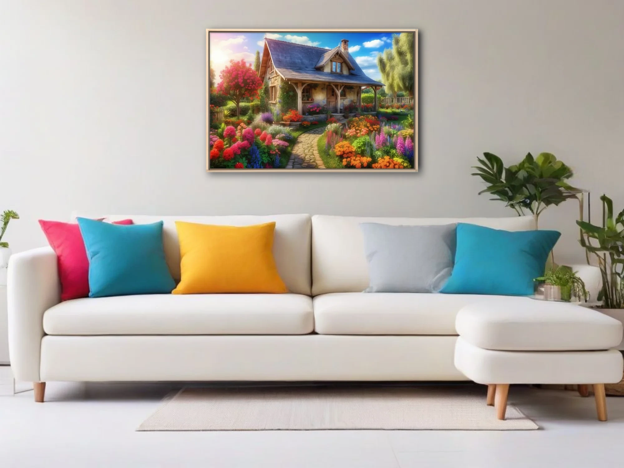 Vibrant cottage garden scene with stone house, colorful blooms, and stone path