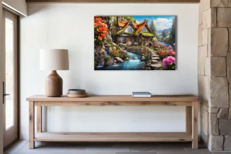 Storybook stone cottage with thatched roof, waterfall, and colorful cottage garden