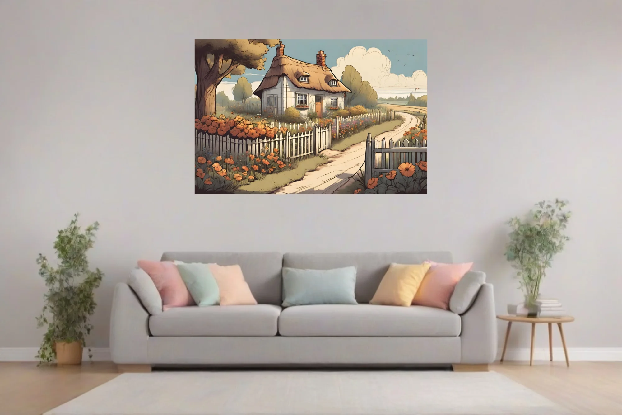 Cartoon-style thatched cottage illustration with orange flowers and white picket fence
