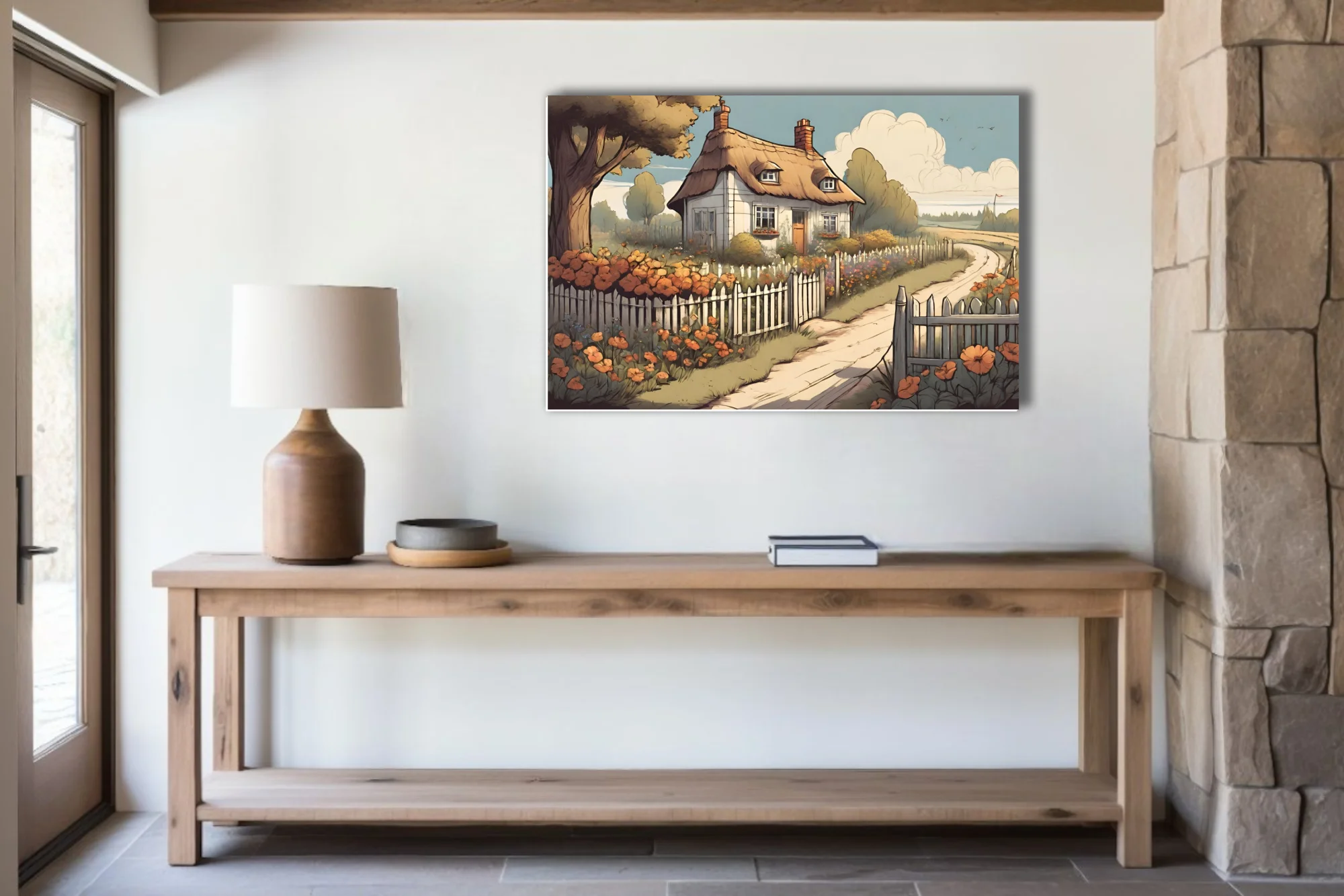 Cartoon-style thatched cottage illustration with orange flowers and white picket fence