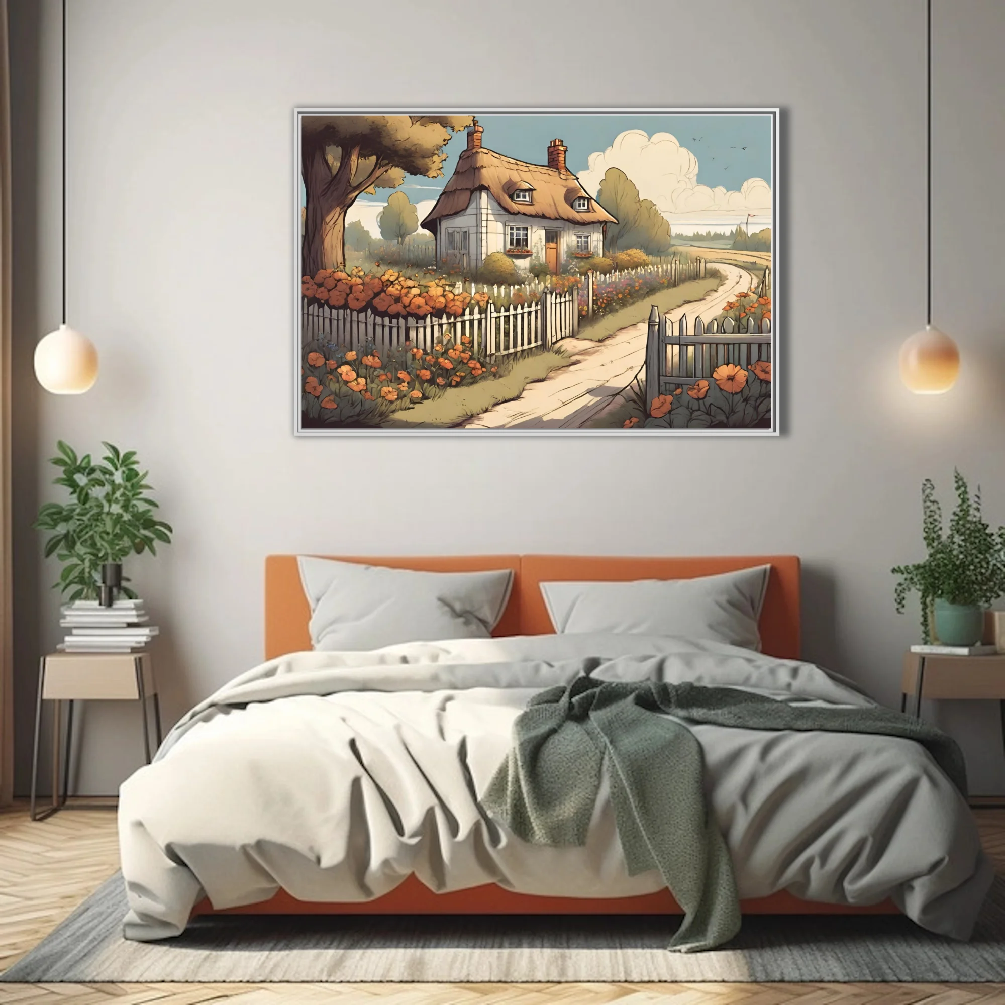 Cartoon-style thatched cottage illustration with orange flowers and white picket fence