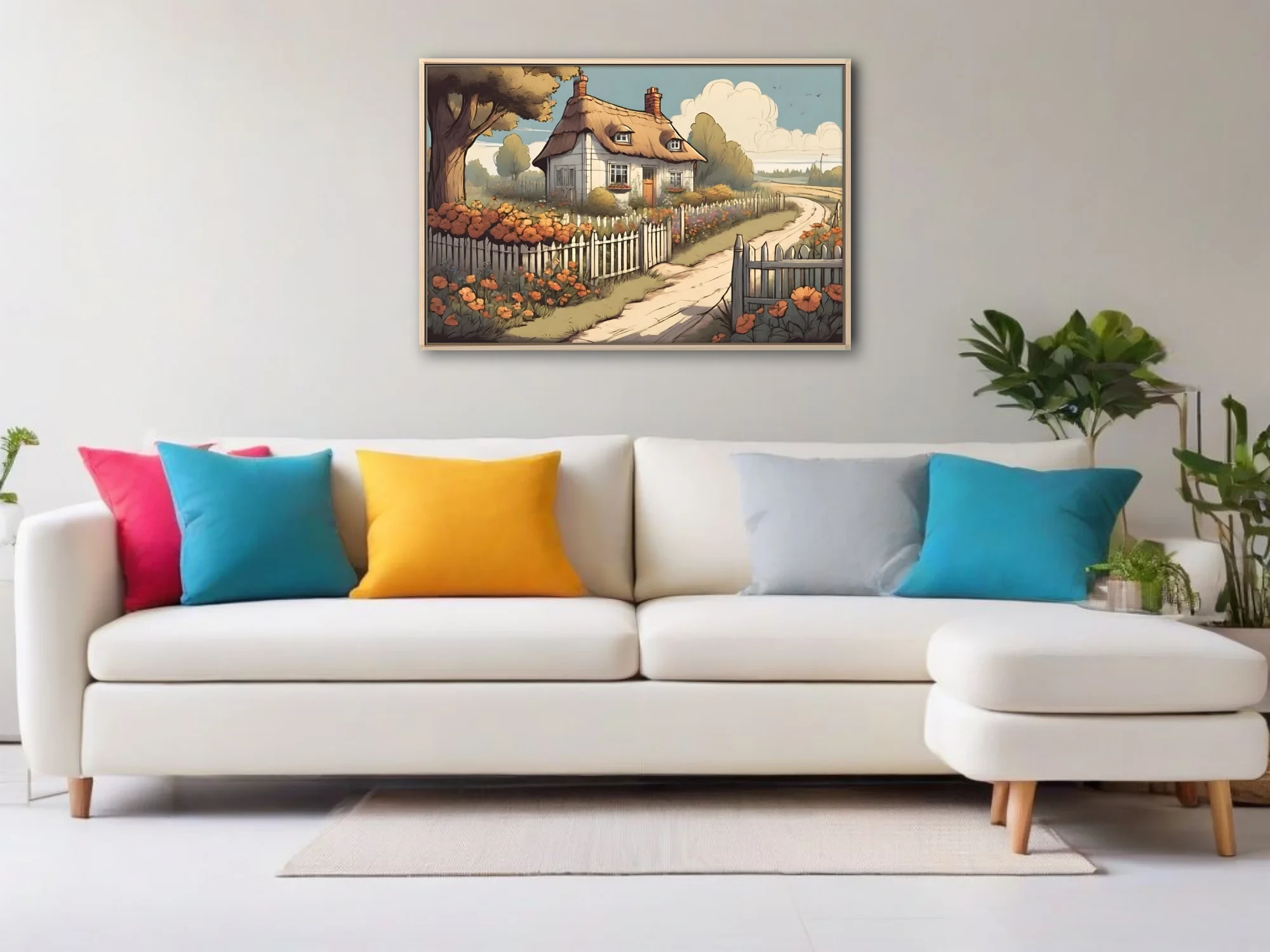 Cartoon-style thatched cottage illustration with orange flowers and white picket fence