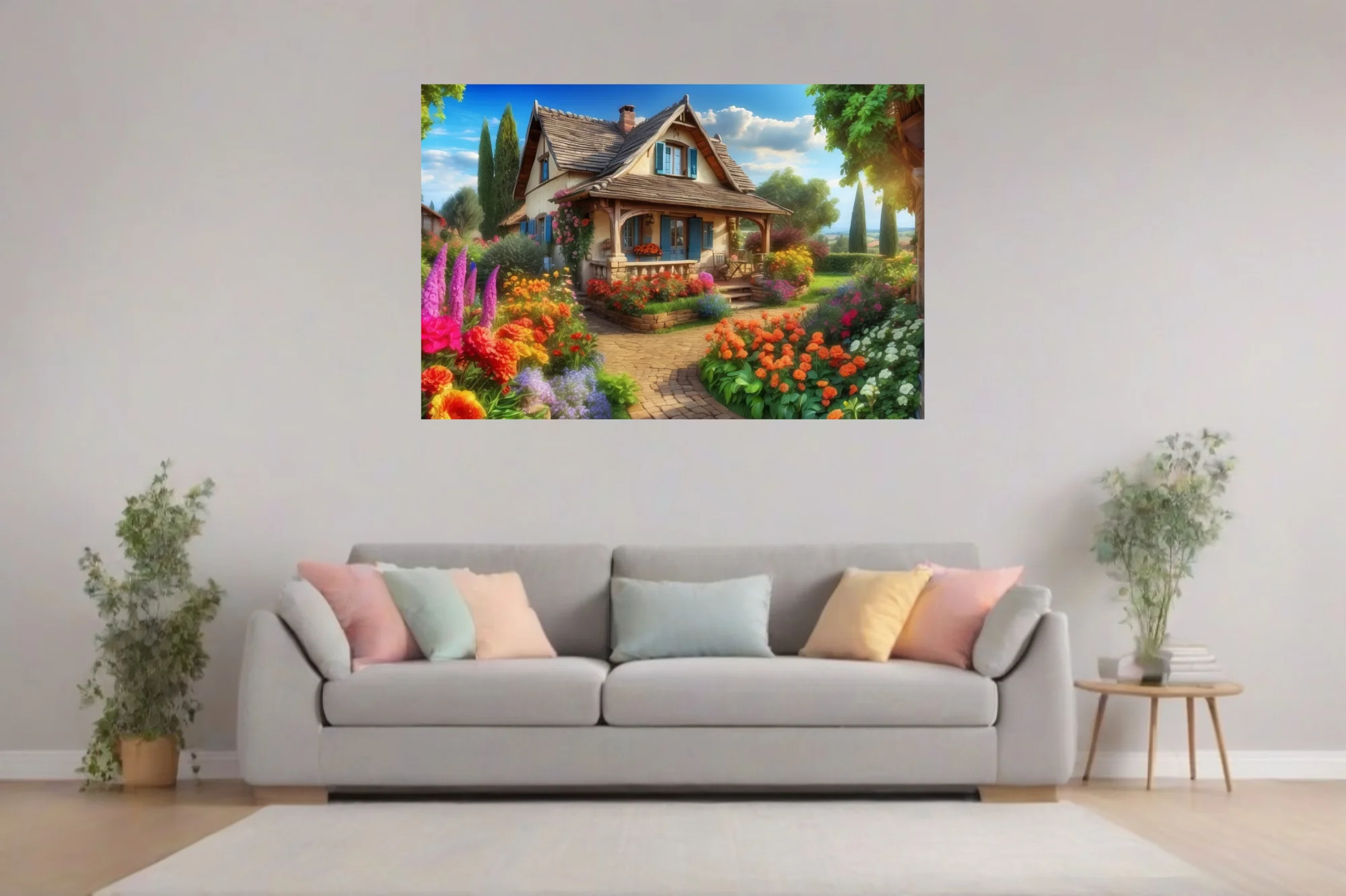 Storybook country cottage with vibrant blooming garden, stone path, blue shutters