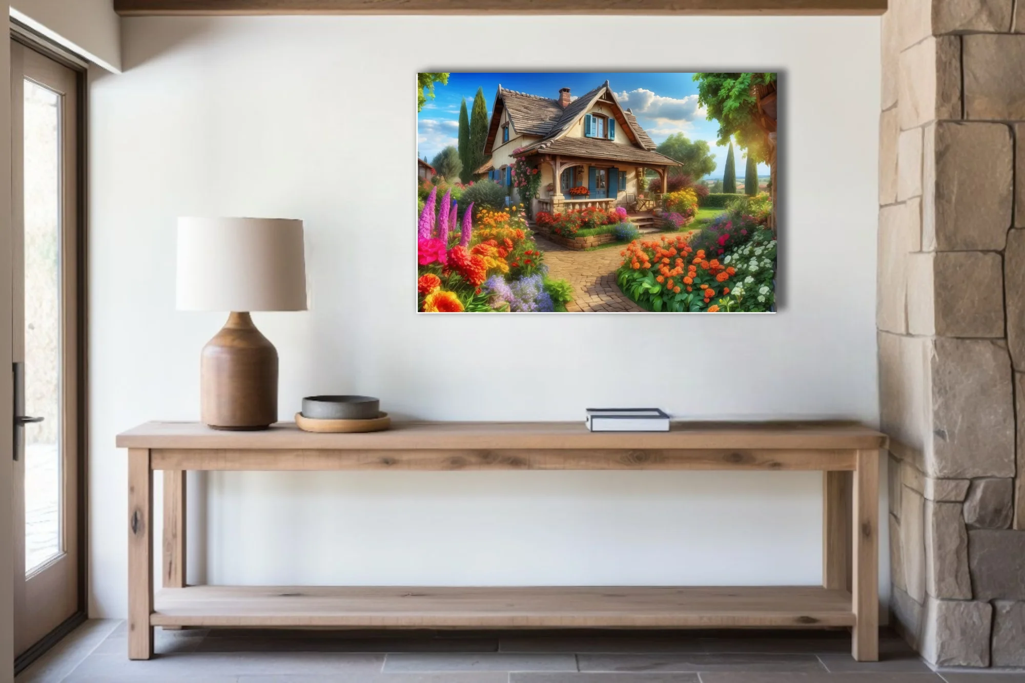 Storybook country cottage with vibrant blooming garden, stone path, blue shutters