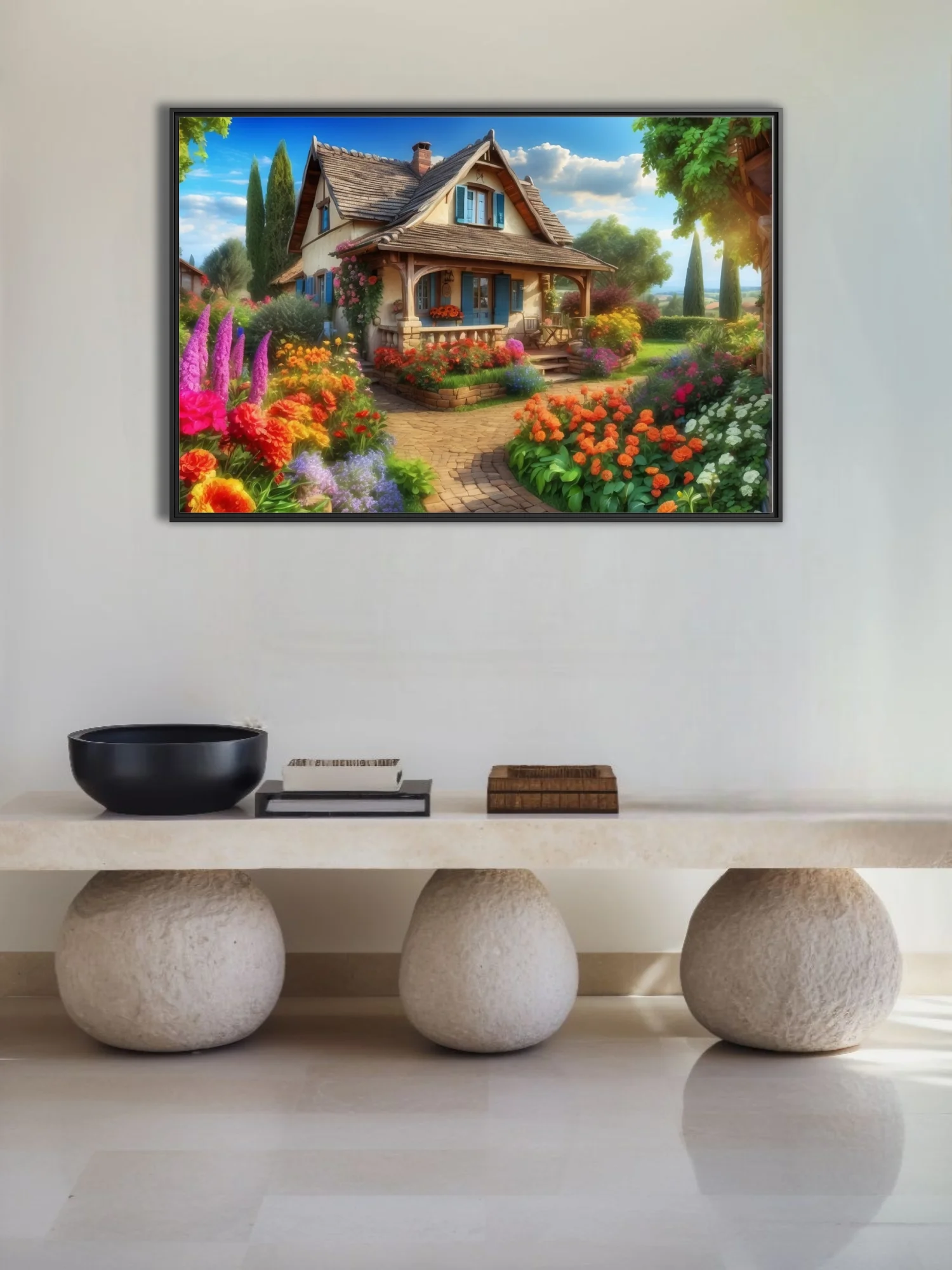 Storybook country cottage with vibrant blooming garden, stone path, blue shutters