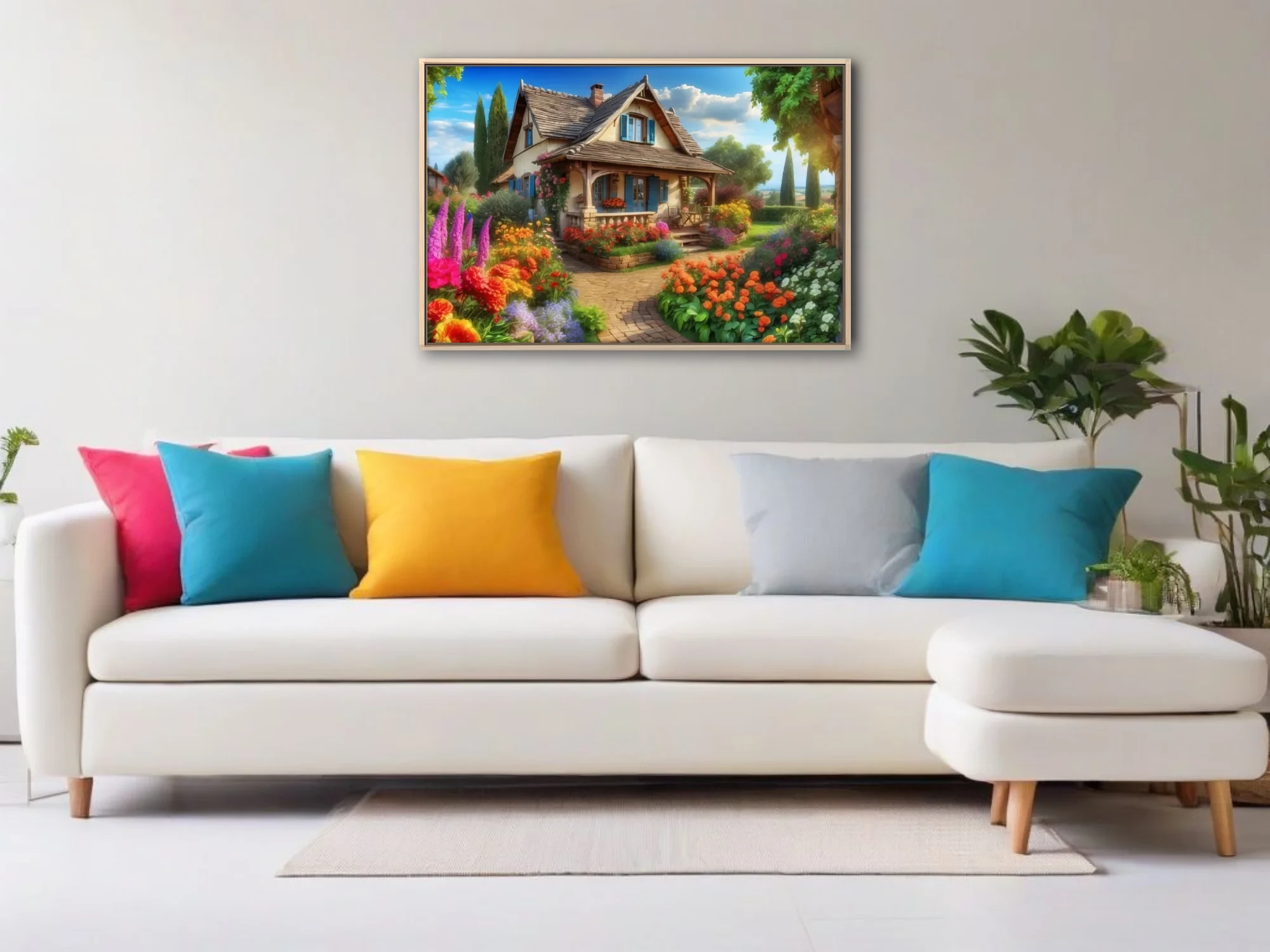 Storybook country cottage with vibrant blooming garden, stone path, blue shutters