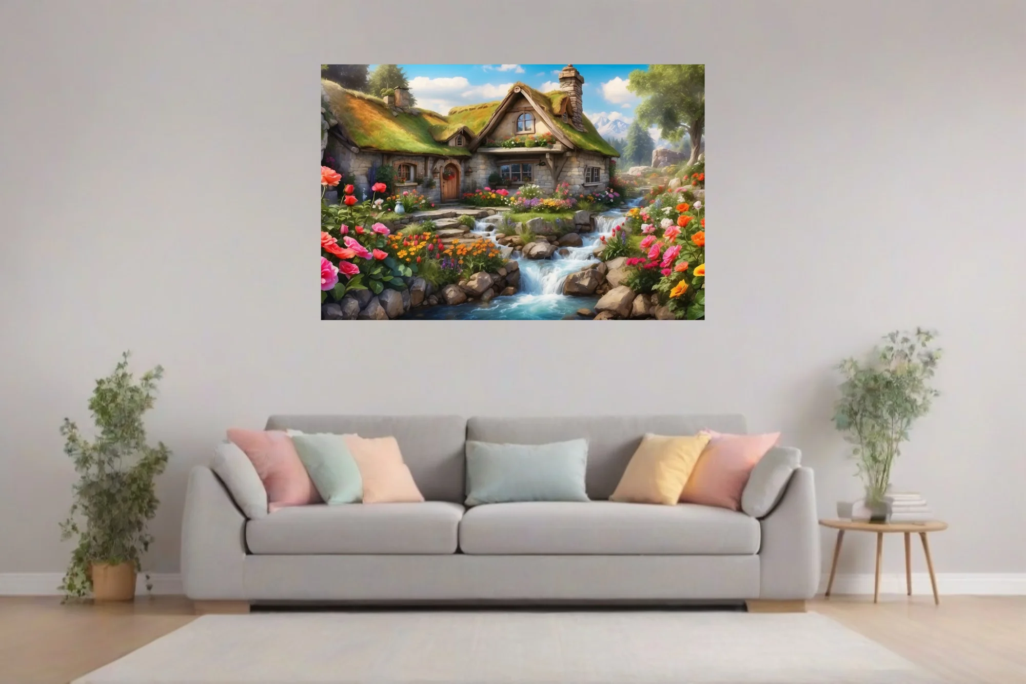 Fantasy stone cottage with thatched roof, colorful flower garden and waterfall stream