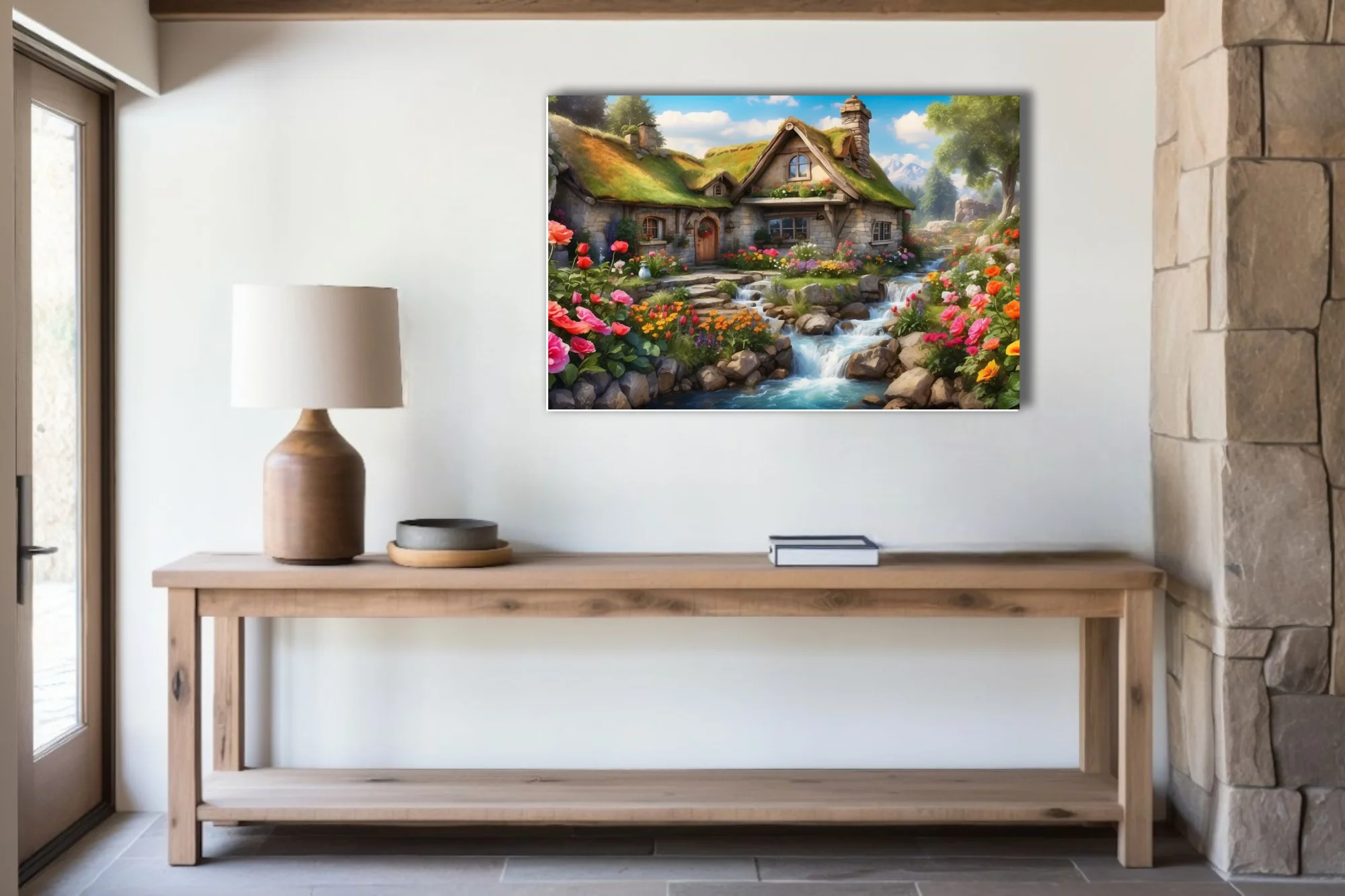 Fantasy stone cottage with thatched roof, colorful flower garden and waterfall stream