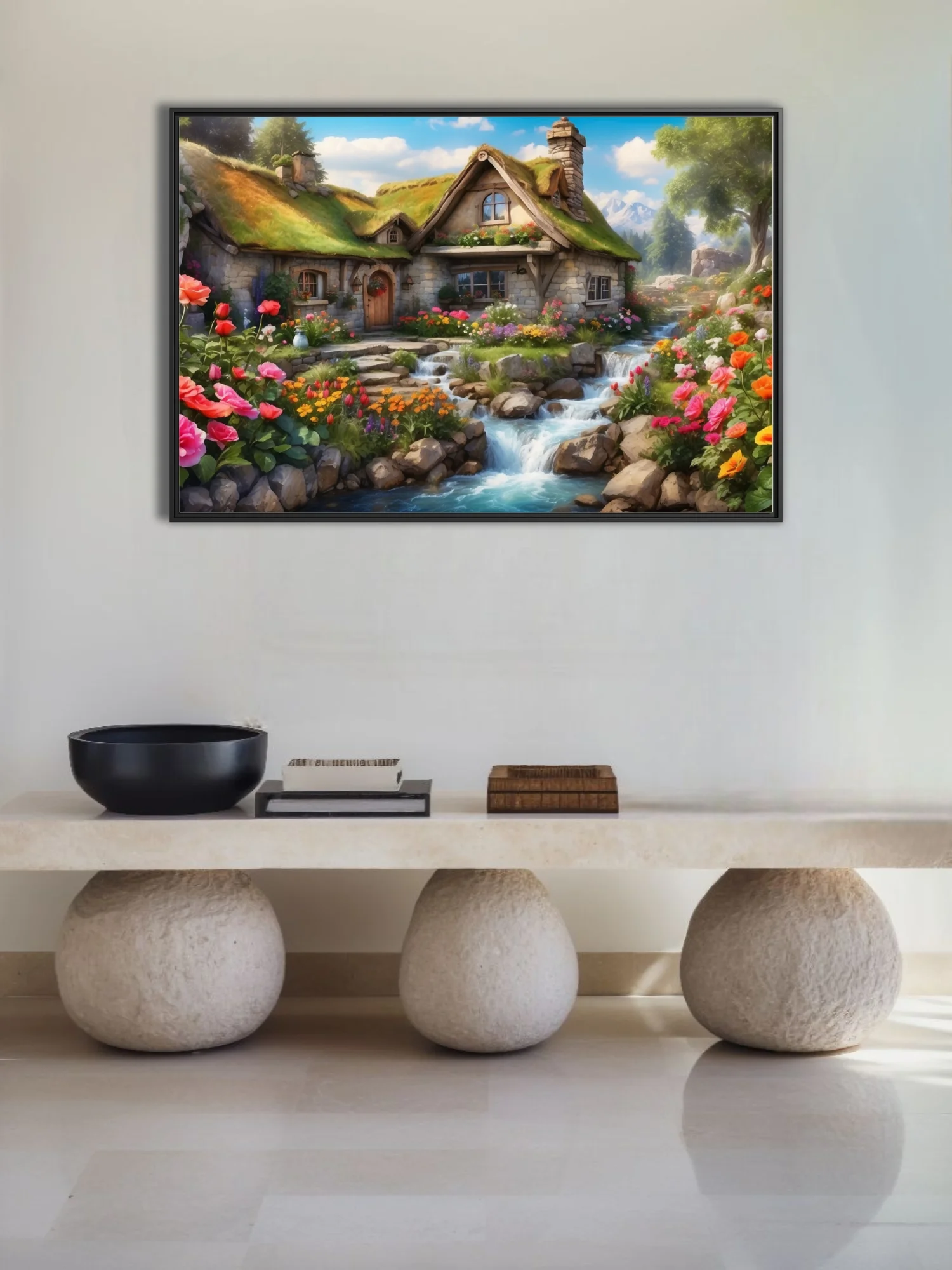 Fantasy stone cottage with thatched roof, colorful flower garden and waterfall stream