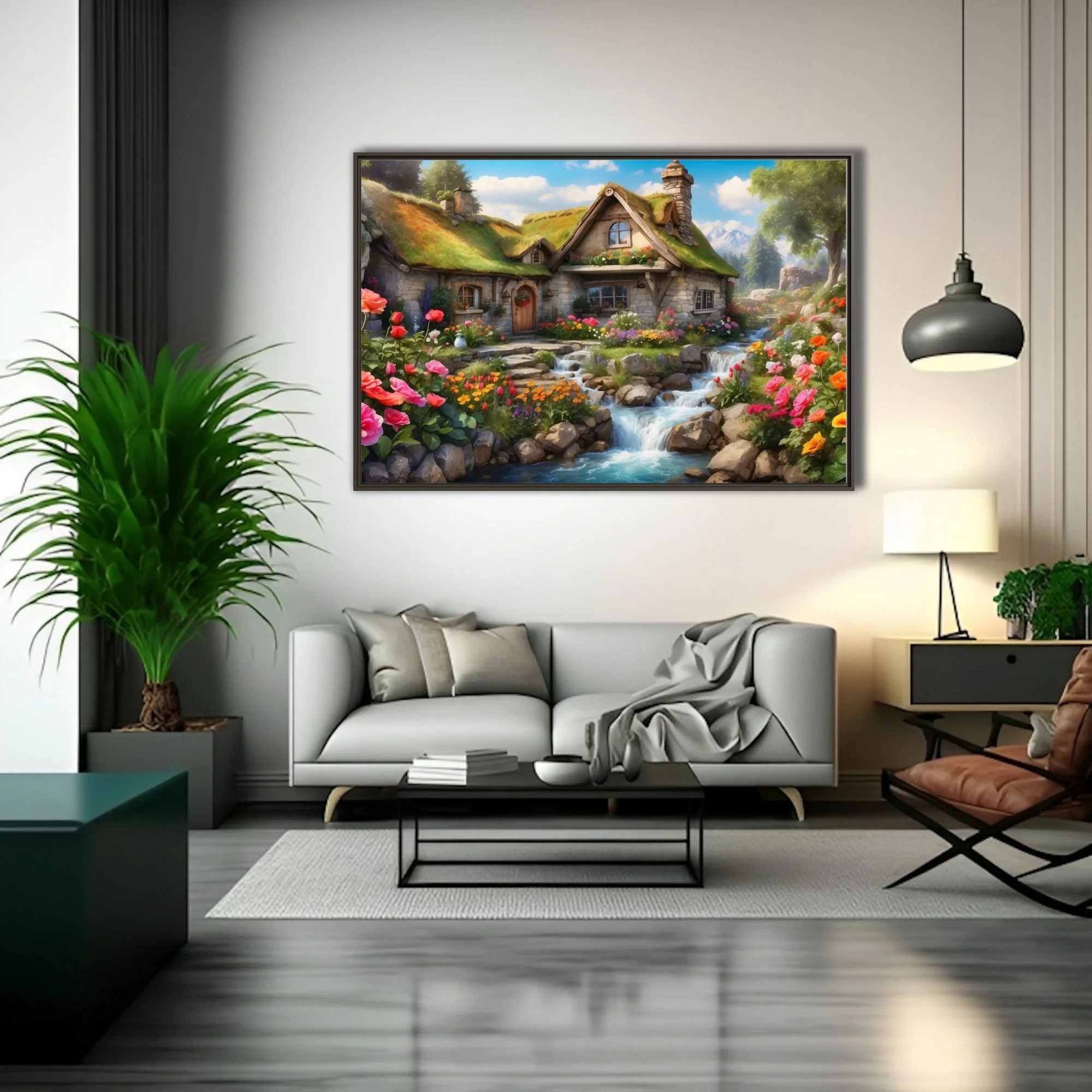Fantasy stone cottage with thatched roof, colorful flower garden and waterfall stream