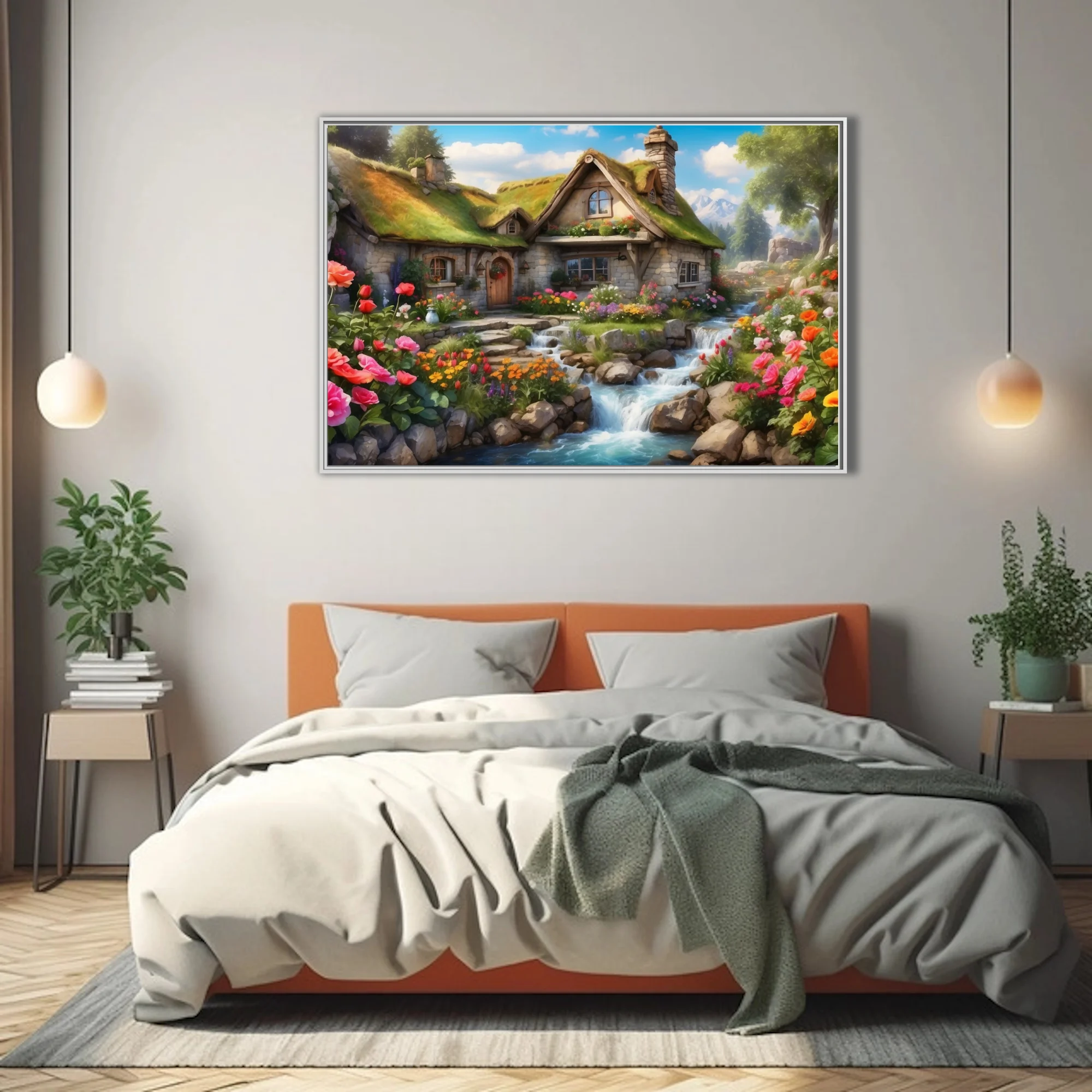 Fantasy stone cottage with thatched roof, colorful flower garden and waterfall stream