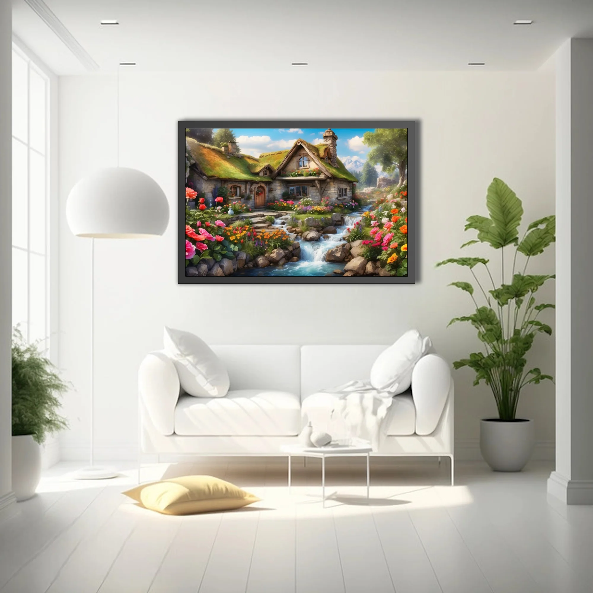 Fantasy stone cottage with thatched roof, colorful flower garden and waterfall stream