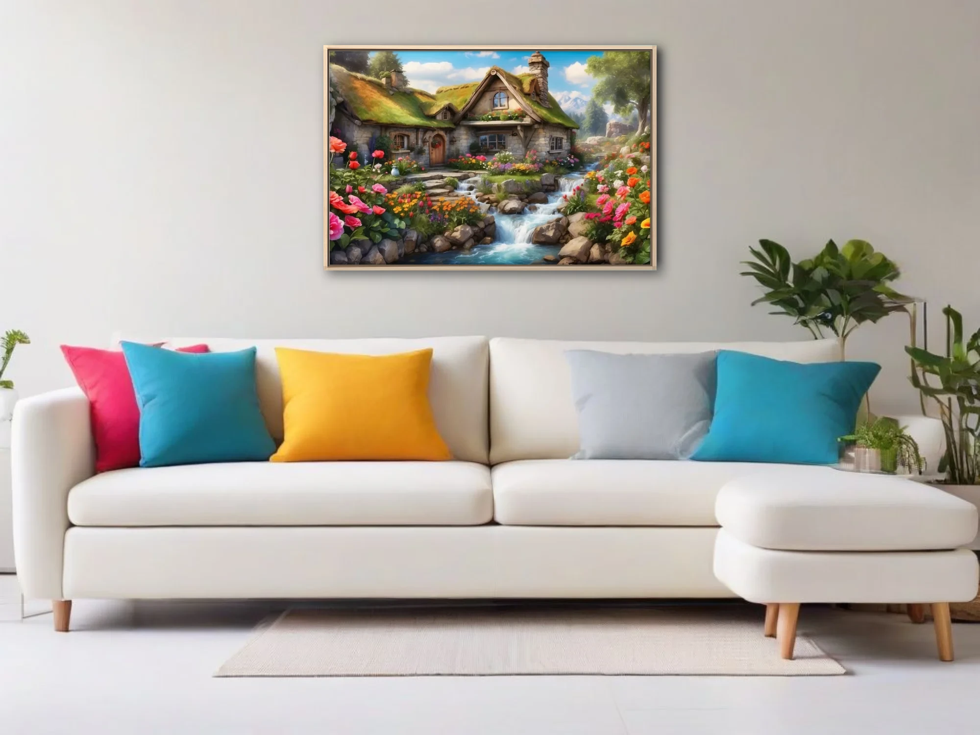 Fantasy stone cottage with thatched roof, colorful flower garden and waterfall stream