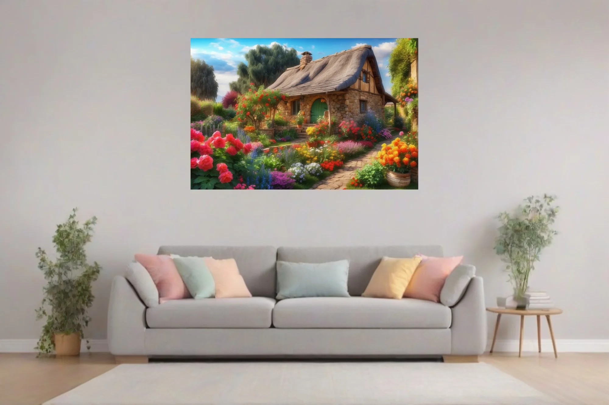 Storybook thatched cottage with vibrant cottage garden florals, cobblestone path, blue sky