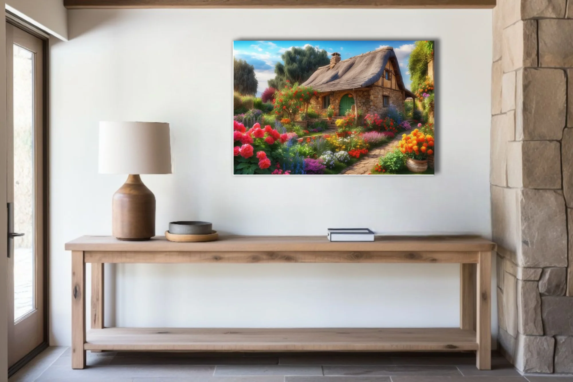 Storybook thatched cottage with vibrant cottage garden florals, cobblestone path, blue sky
