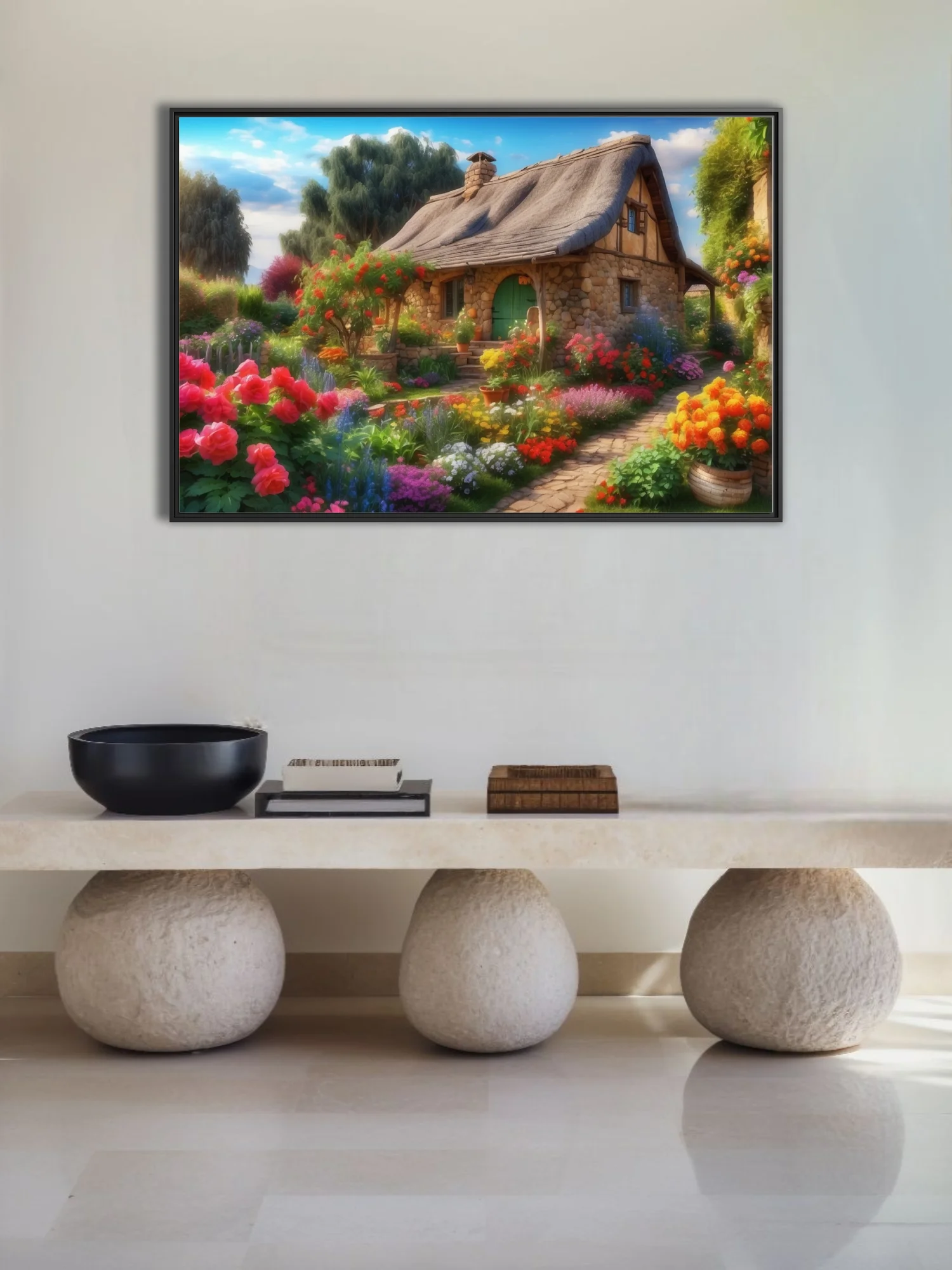 Storybook thatched cottage with vibrant cottage garden florals, cobblestone path, blue sky