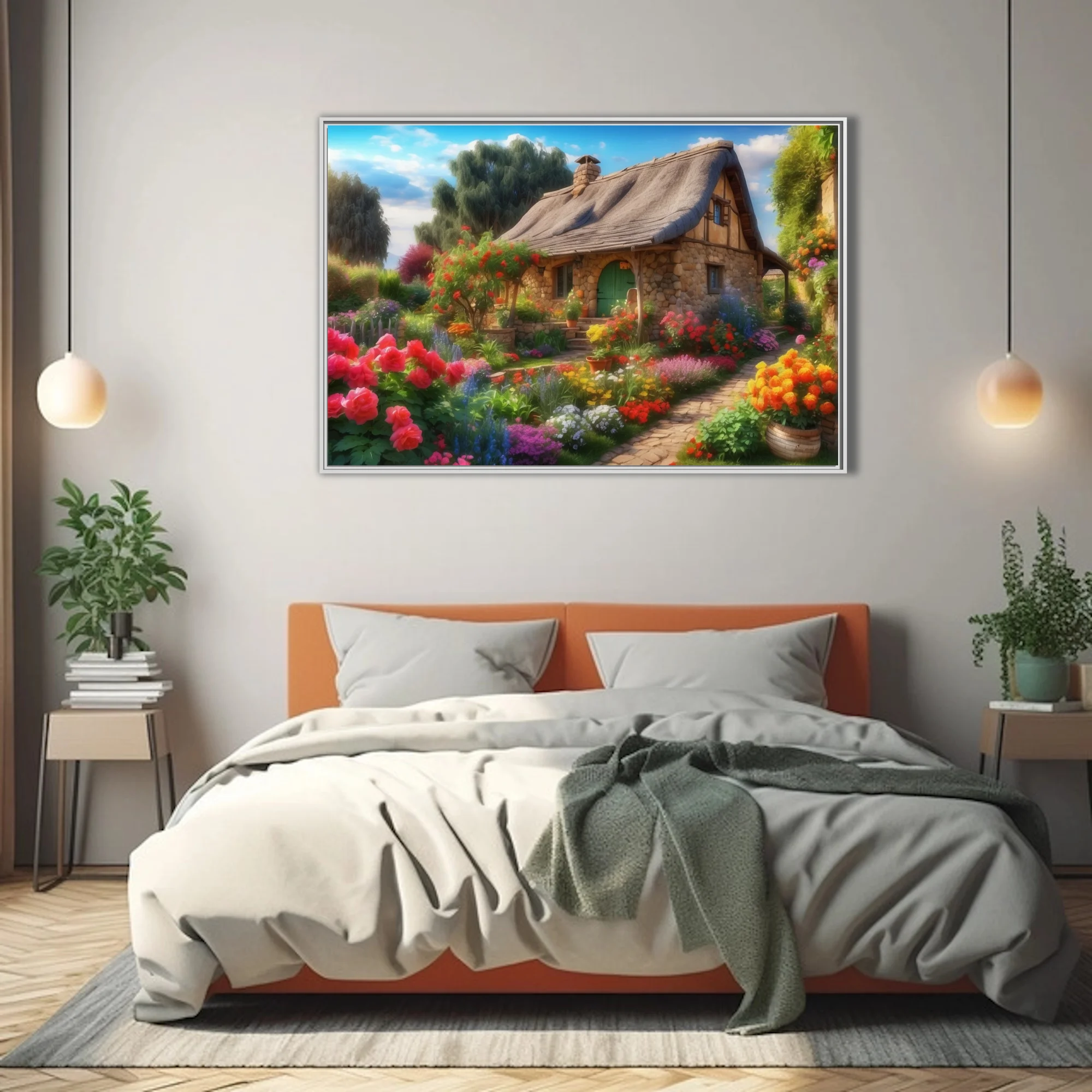 Storybook thatched cottage with vibrant cottage garden florals, cobblestone path, blue sky