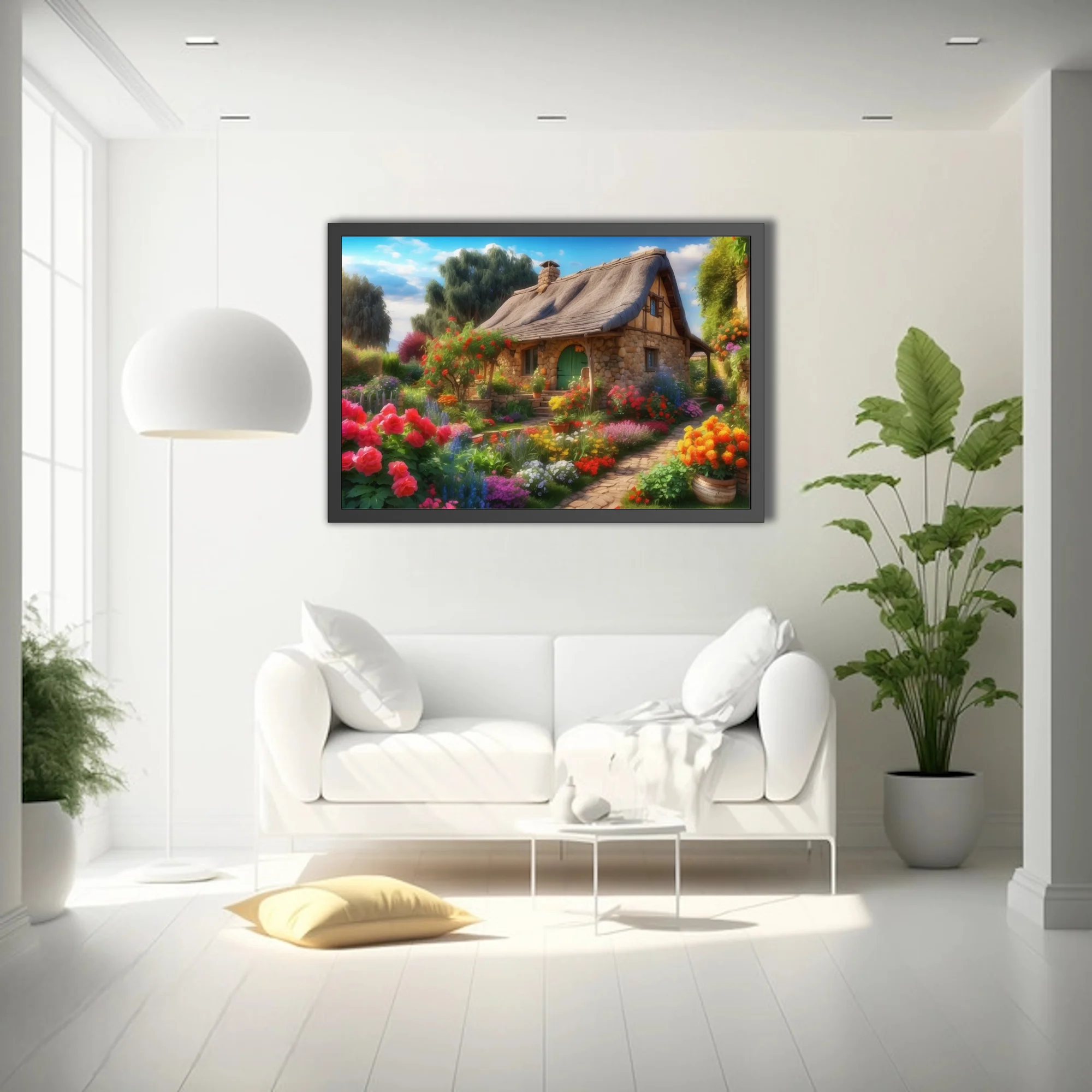 Storybook thatched cottage with vibrant cottage garden florals, cobblestone path, blue sky