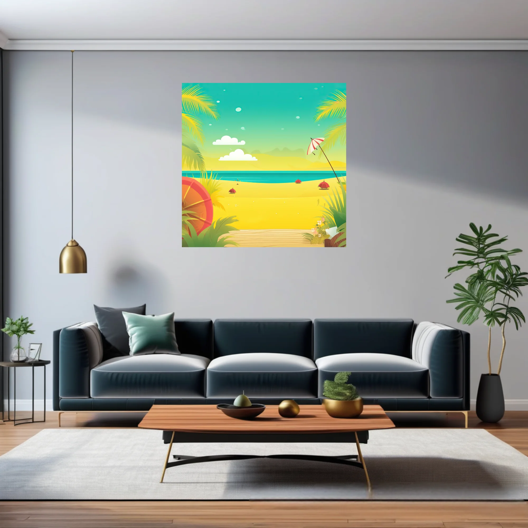 Flat graphic tropical beach scene with teal ocean, golden sand, palm fronds and beach umbrella
