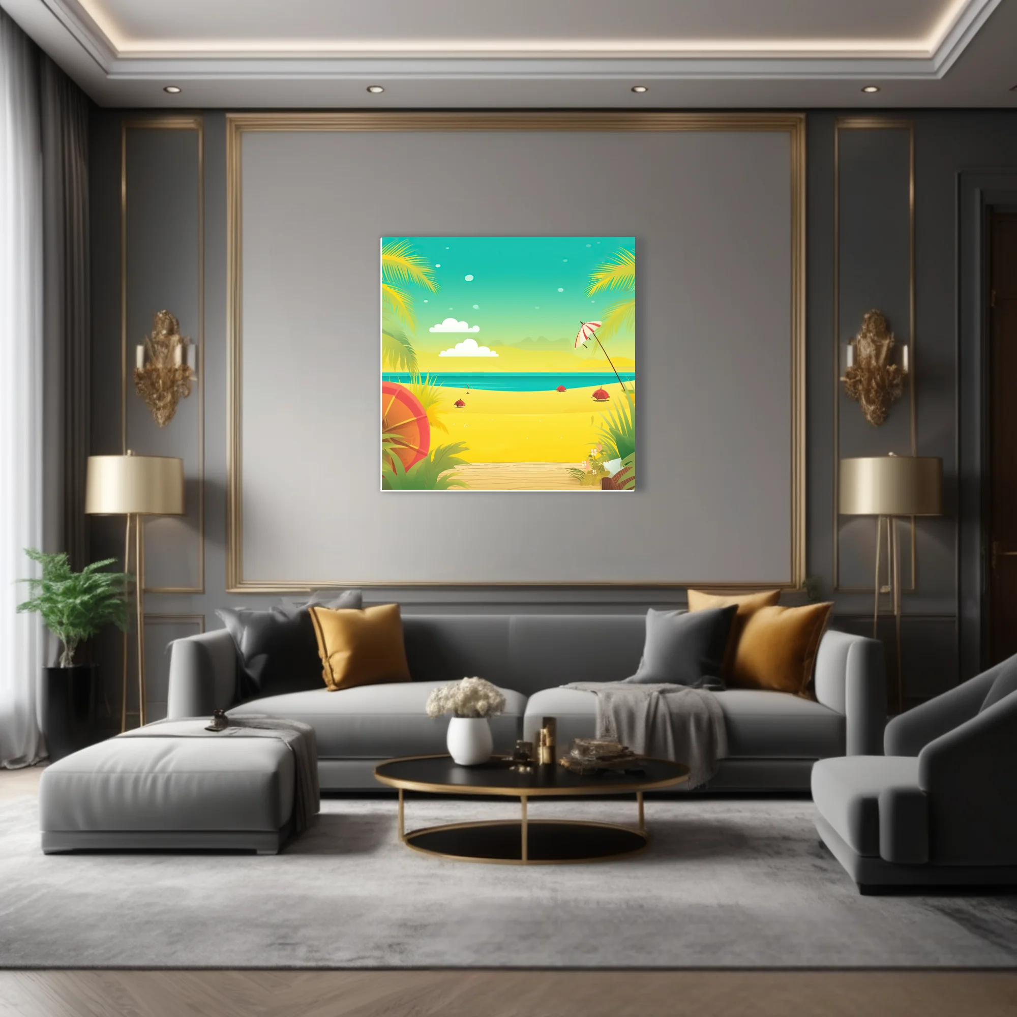 Flat graphic tropical beach scene with teal ocean, golden sand, palm fronds and beach umbrella