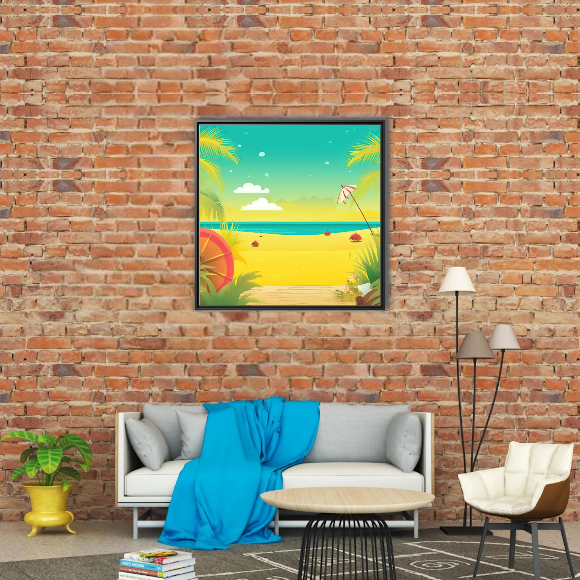 Flat graphic tropical beach scene with teal ocean, golden sand, palm fronds and beach umbrella