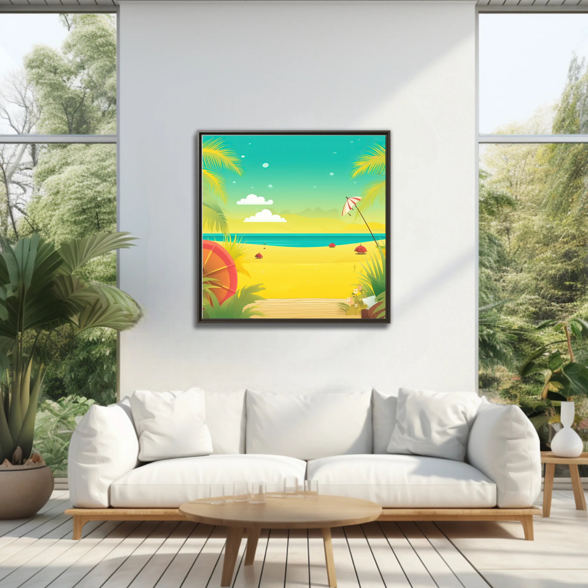 Flat graphic tropical beach scene with teal ocean, golden sand, palm fronds and beach umbrella