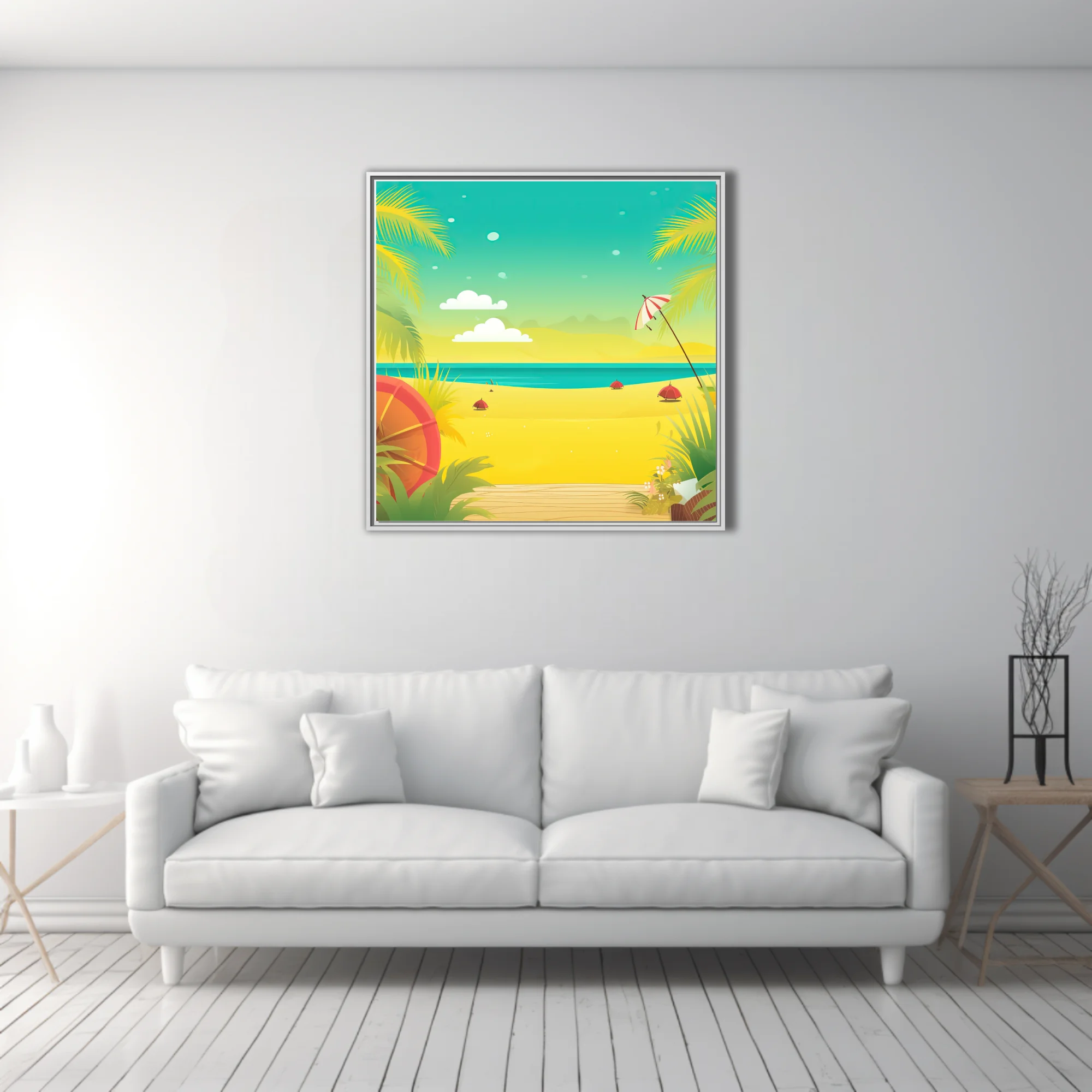 Flat graphic tropical beach scene with teal ocean, golden sand, palm fronds and beach umbrella