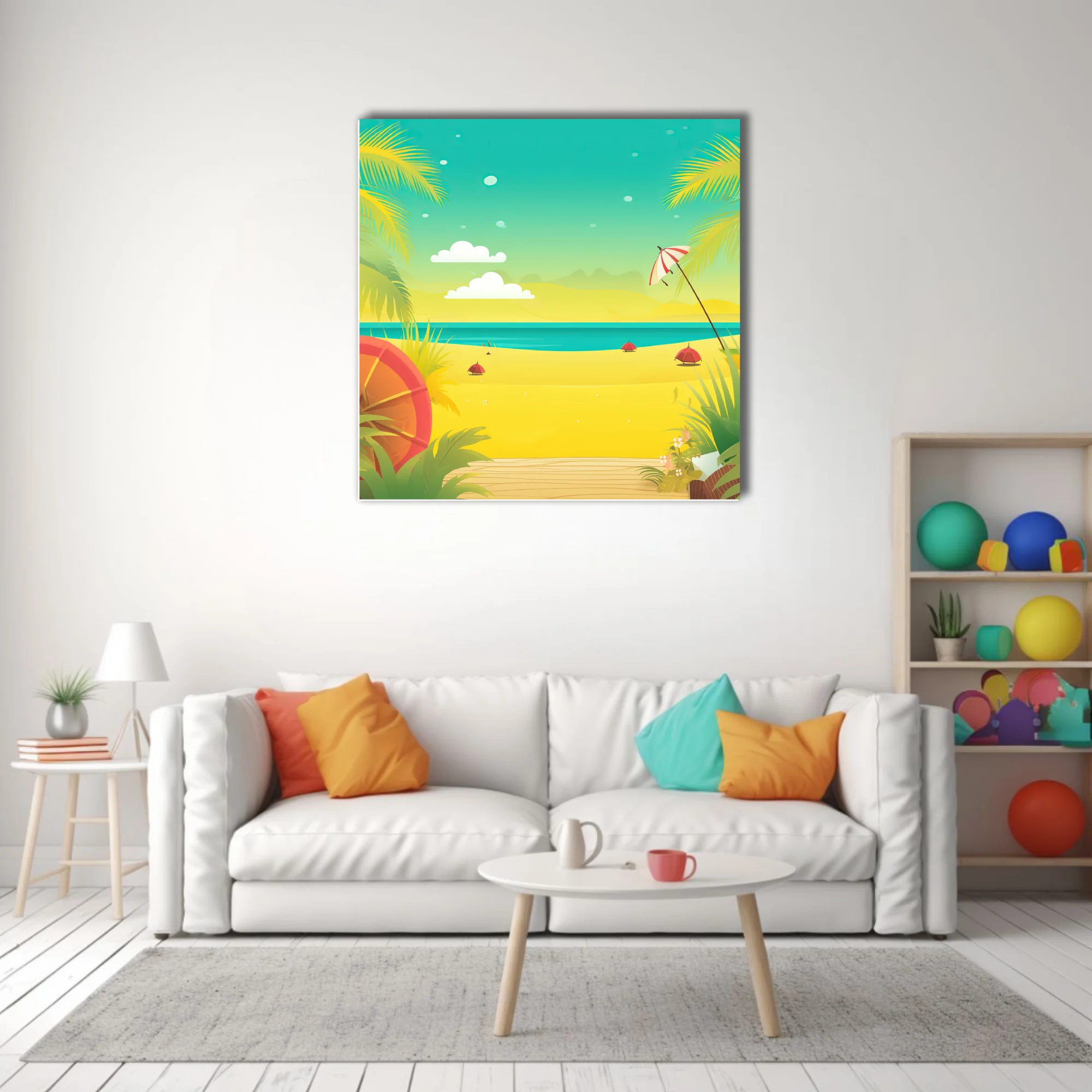 Flat graphic tropical beach scene with teal ocean, golden sand, palm fronds and beach umbrella