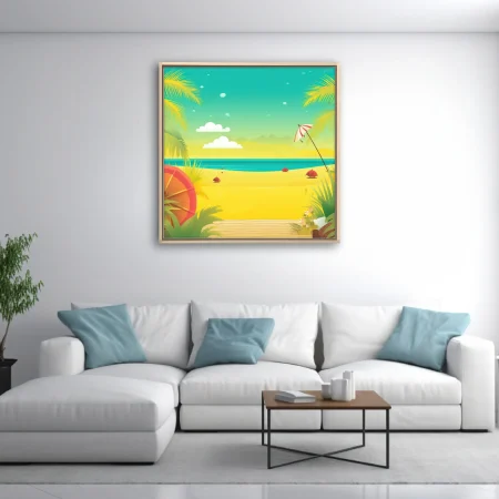 Flat graphic tropical beach scene with teal ocean, golden sand, palm fronds and beach umbrella