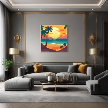Retro flat-style tropical beach sunset with palm silhouettes and teal ocean