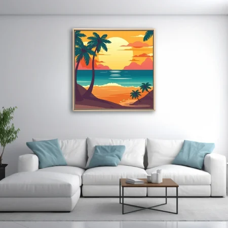 Retro flat-style tropical beach sunset with palm silhouettes and teal ocean