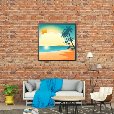 Flat graphic tropical beach illustration with palm silhouettes, teal ocean, and golden sand
