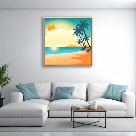 Flat graphic tropical beach illustration with palm silhouettes, teal ocean, and golden sand